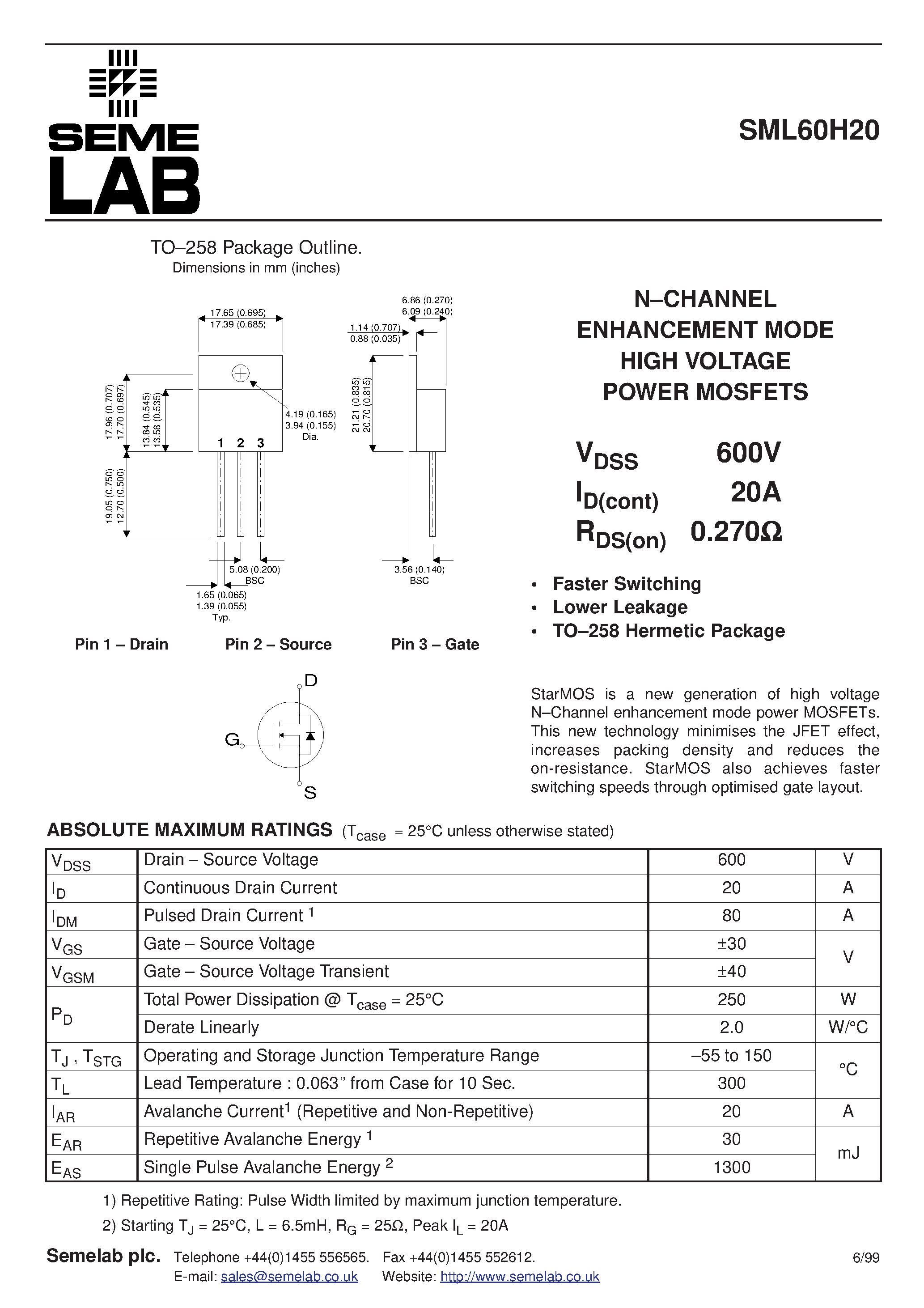 Datasheet SML60H20 page 1 Datasheet SML60H20 - N-CHANNEL ENHANCEMENT MODE HIGH VOLTAGE POWER MOSFETS page 1
