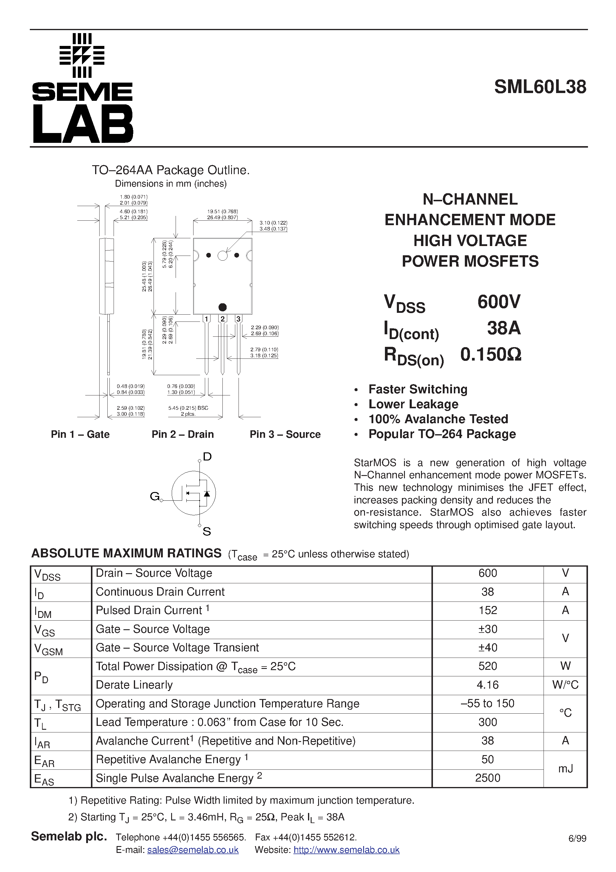 Datasheet SML60L38 - N-CHANNEL ENHANCEMENT MODE HIGH VOLTAGE POWER MOSFETS page 1