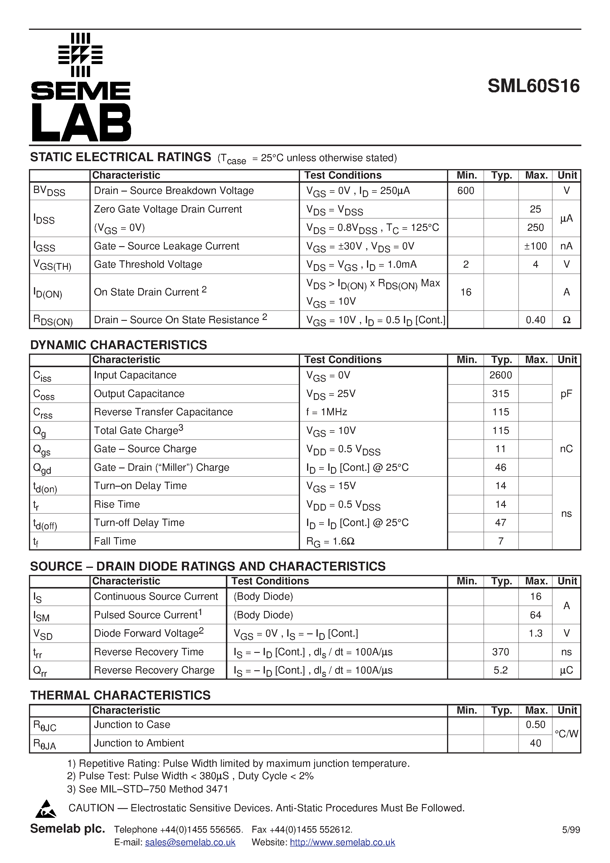 Datasheet SML60S16 - N-CHANNEL ENHANCEMENT MODE HIGH VOLTAGE POWER MOSFETS page 2