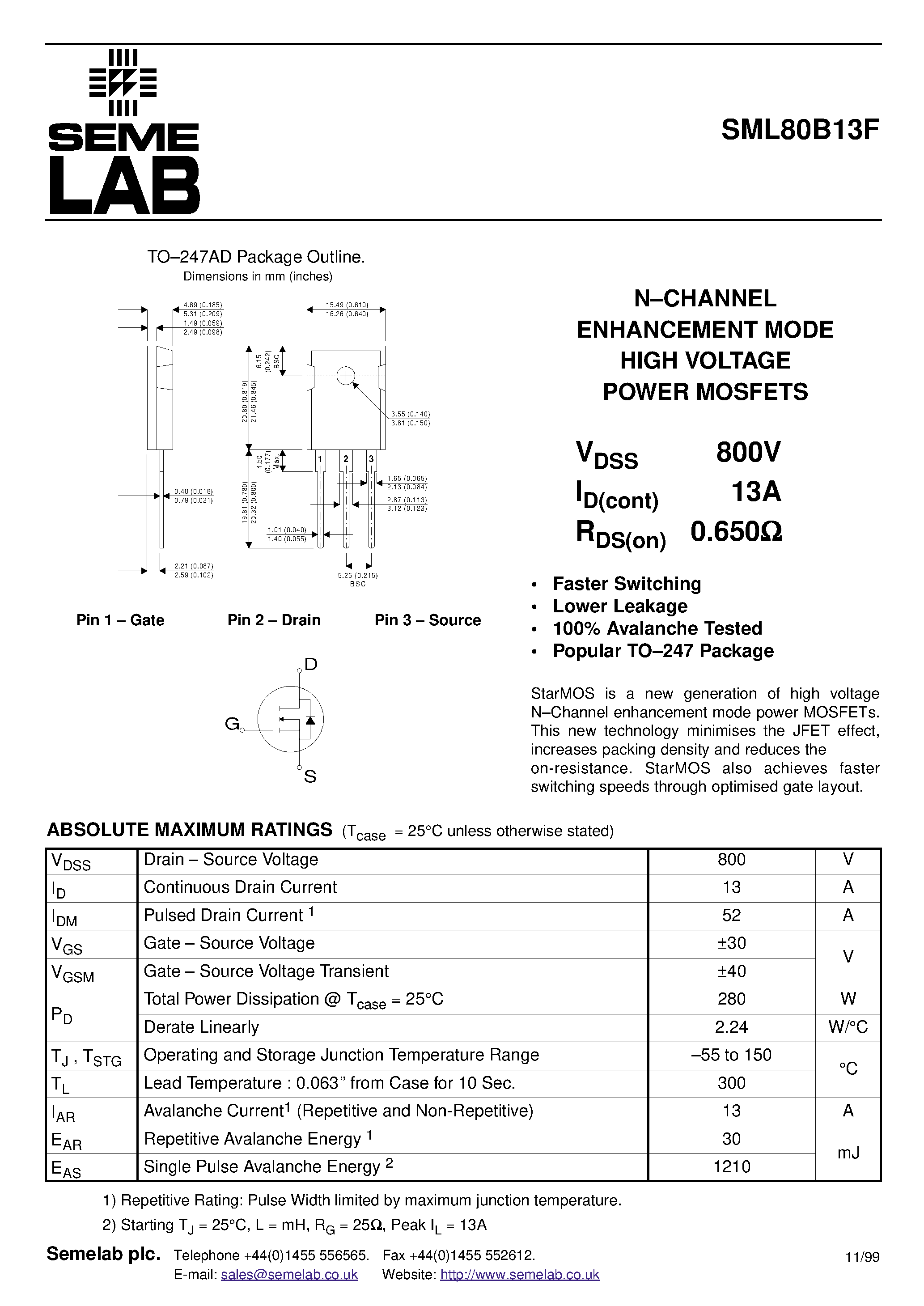Datasheet SML80B13F - N-CHANNEL ENHANCEMENT MODE HIGH VOLTAGE POWER MOSFETS page 1