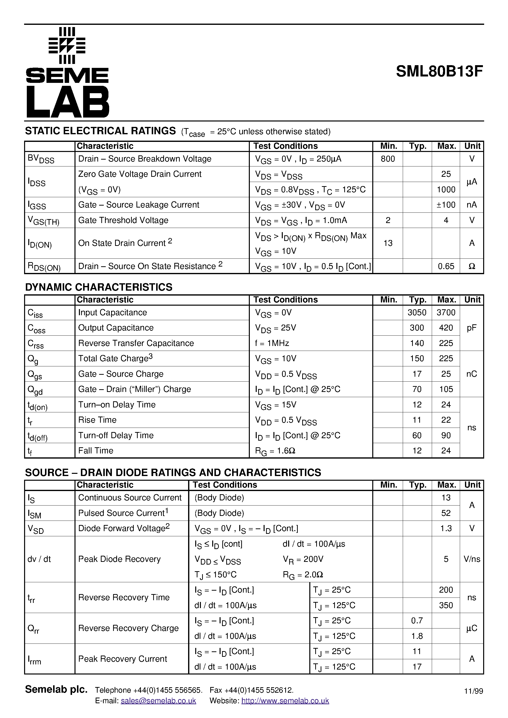 Datasheet SML80B13F - N-CHANNEL ENHANCEMENT MODE HIGH VOLTAGE POWER MOSFETS page 2