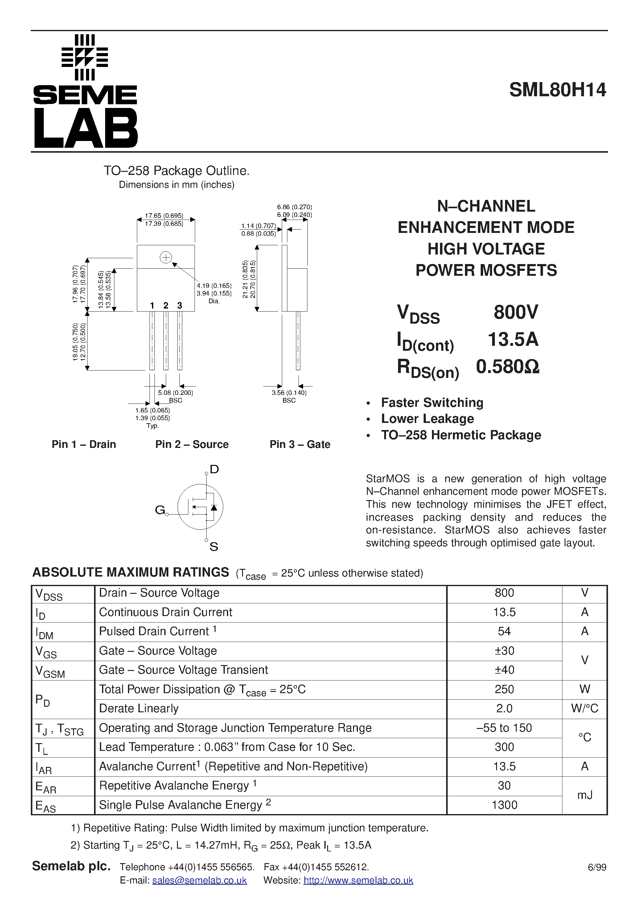 Datasheet SML80H14 - N-CHANNEL ENHANCEMENT MODE HIGH VOLTAGE POWER MOSFETS page 1