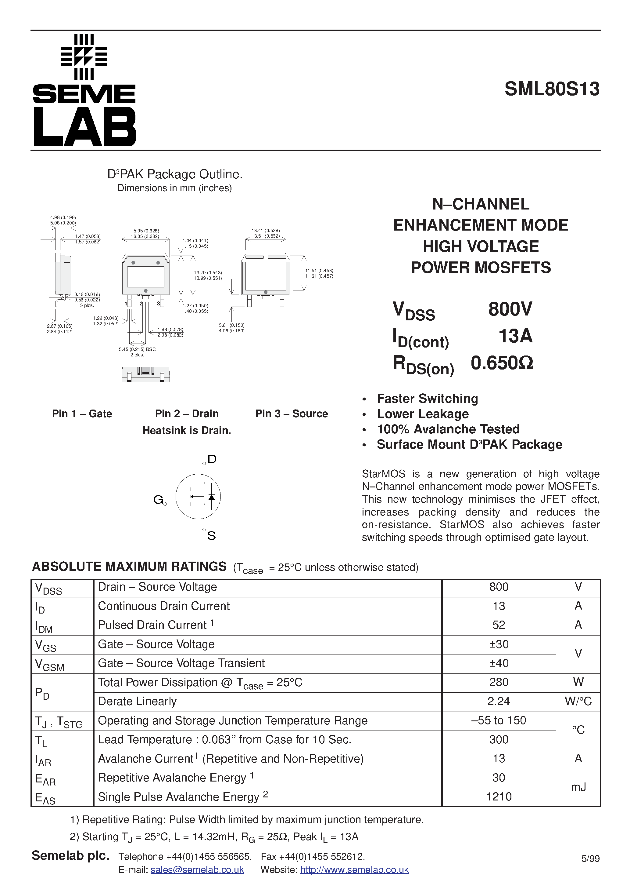 Datasheet SML80S13 - N-CHANNEL ENHANCEMENT MODE HIGH VOLTAGE POWER MOSFETS page 1
