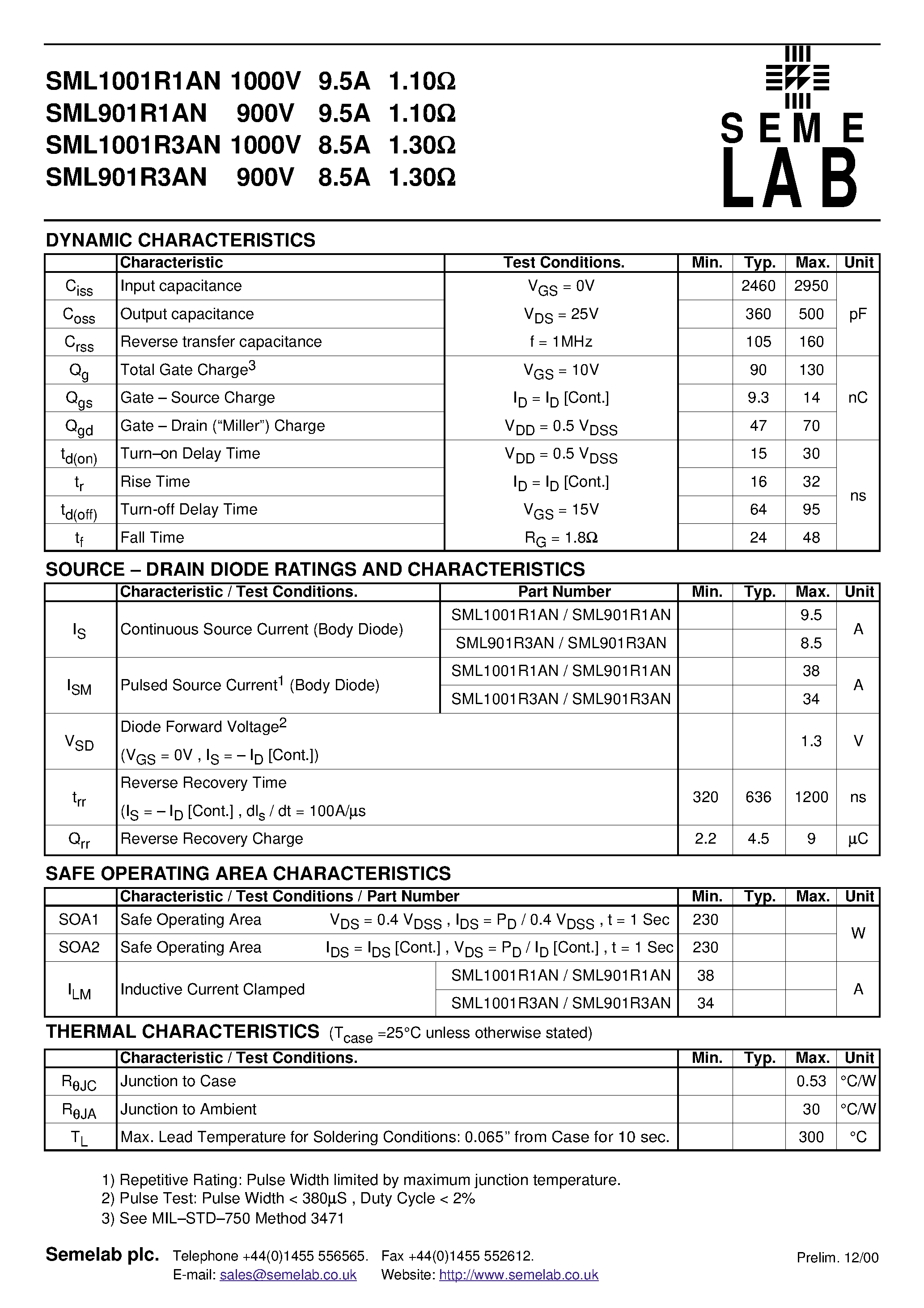 Datasheet SML901R1AN page 2 Datasheet SML901R1AN - N-CHANNEL ENHANCEMENT MODE HIGH VOLTAGE POWER MOSFETS page 2