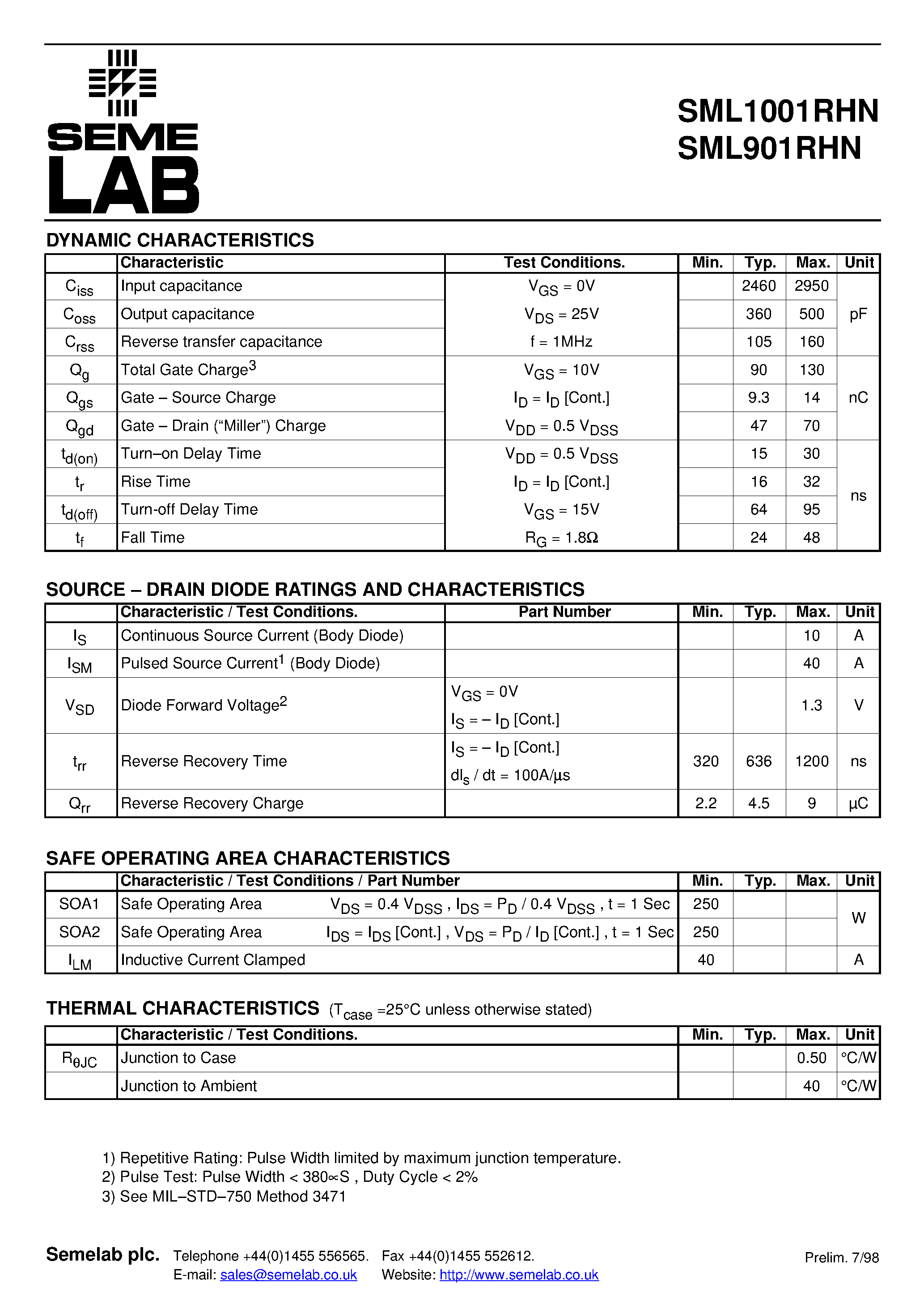 Datasheet SML901RHN - N-CHANNEL ENHANCEMENT MODE HIGH VOLTAGE POWER MOSFETS page 2