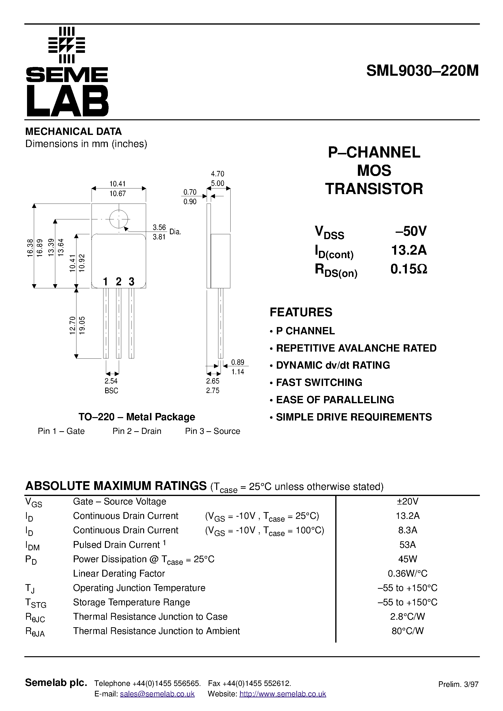 Даташит SML9030220M - P-CHANNEL MOS TRANSISTOR страница 1