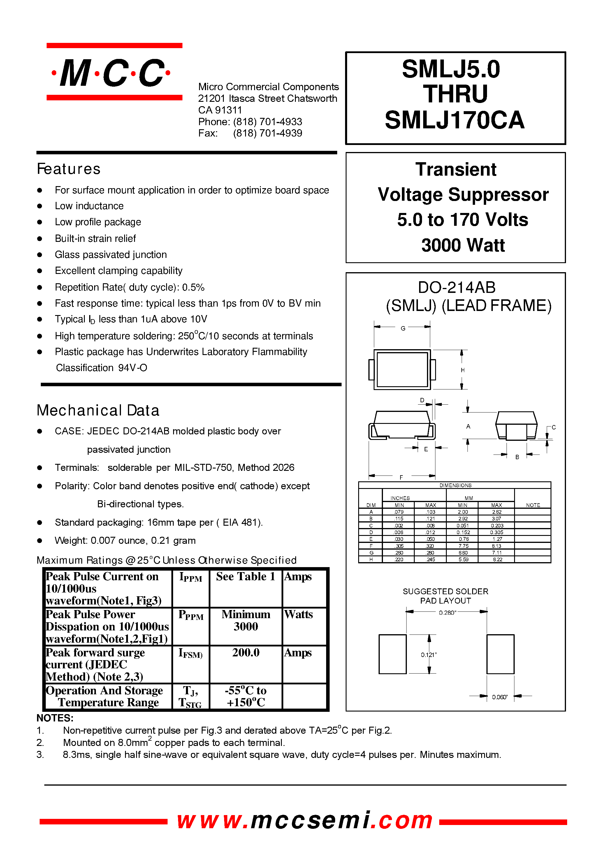 Datasheet SMLJ64A - Transient Voltage Suppressor 5.0 to 170 Volts 3000 Watt page 1