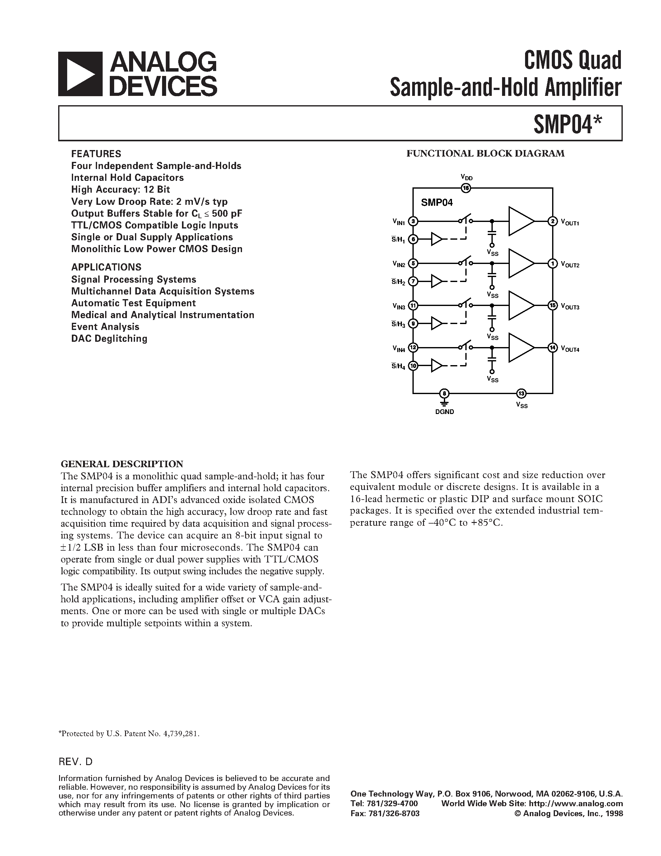Datasheet SMP04ES - CMOS Quad Sample-and-Hold Amplifier page 1