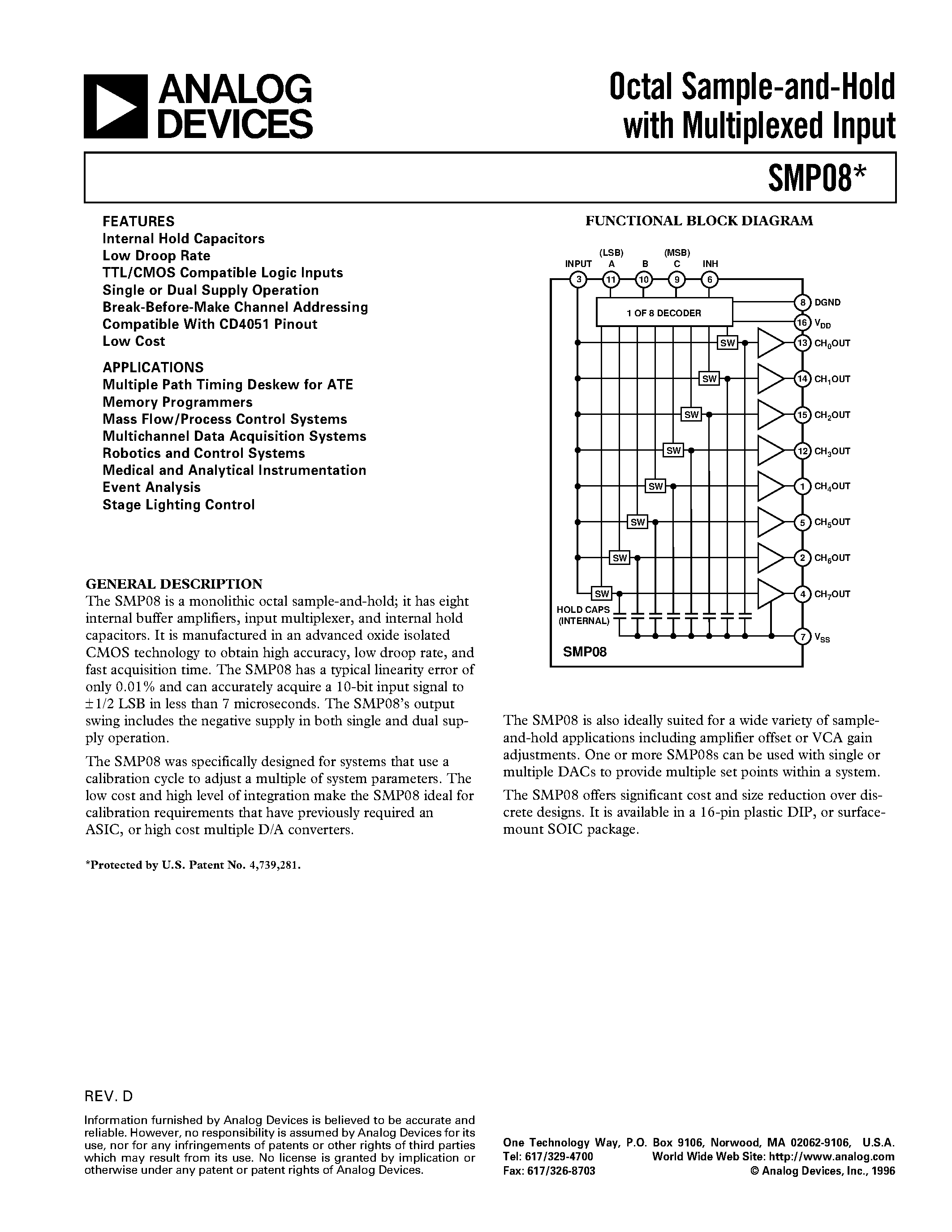 Datasheet SMP08 page 1 Datasheet SMP08 - Octal Sample-and-Hold with Multiplexed Input page 1