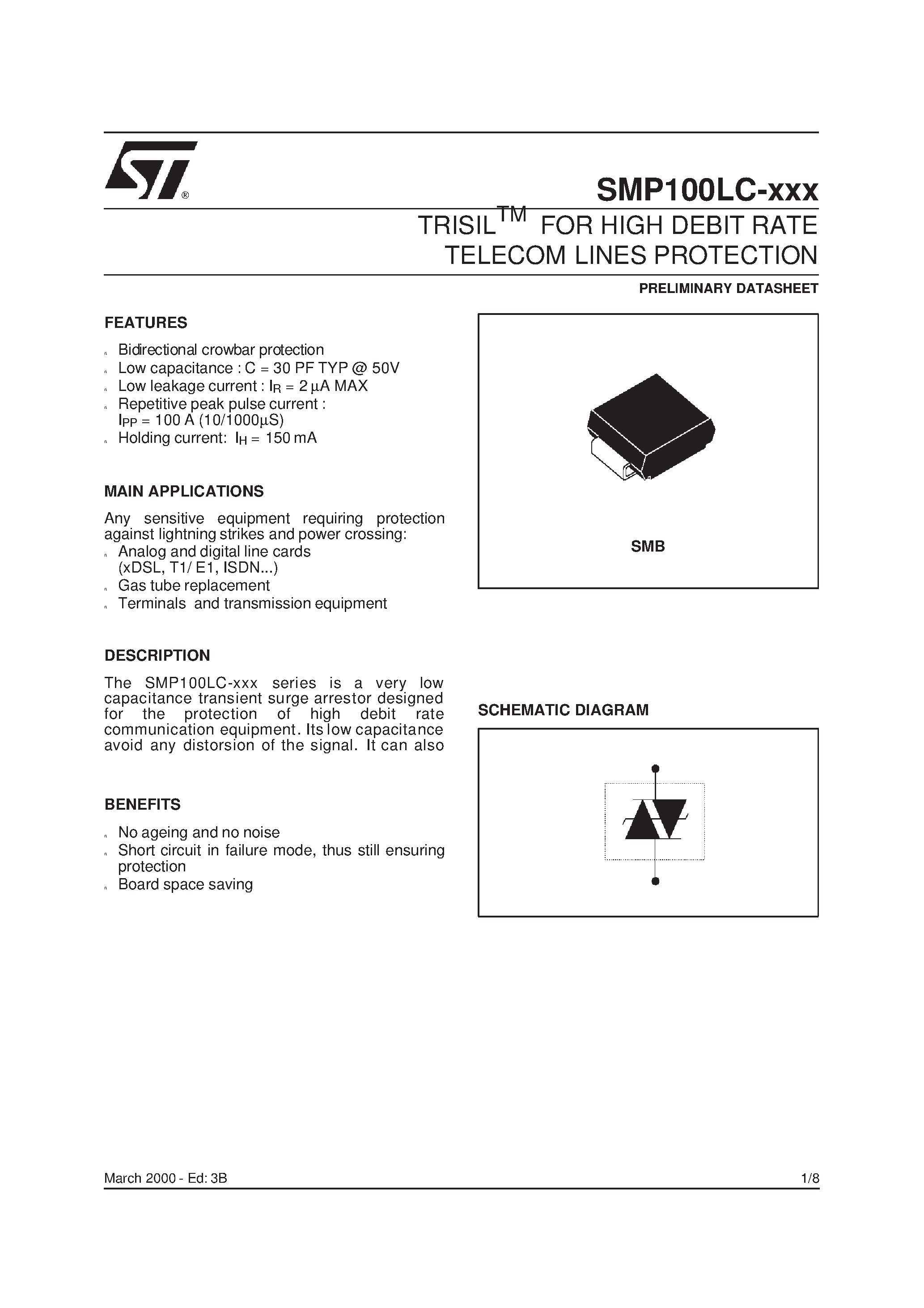 Datasheet SMP100LC-140 - TELECOM EQUIPMENT PROTECTION: TRISIL page 1