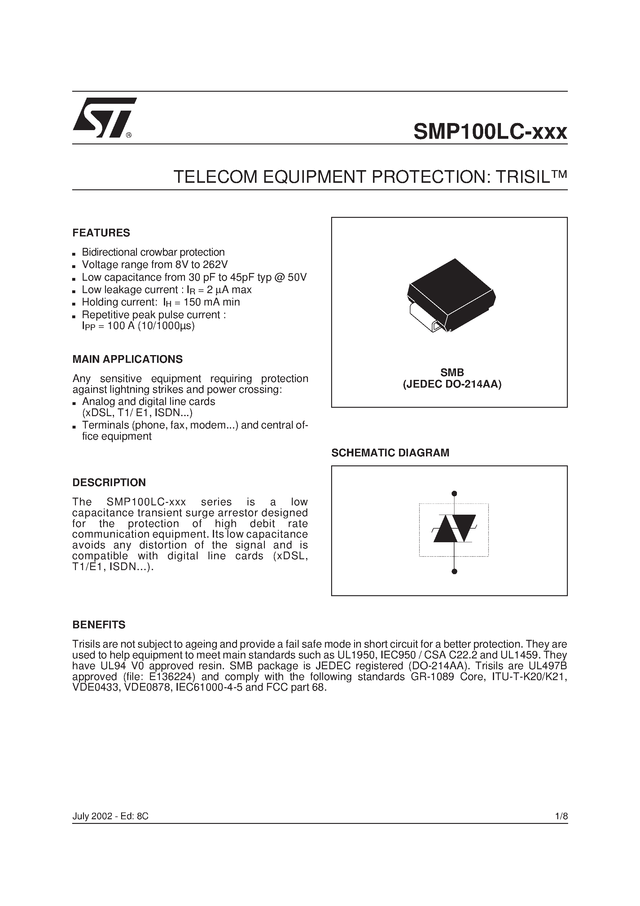 Datasheet SMP100LC-8 - TELECOM EQUIPMENT PROTECTION: TRISIL page 1
