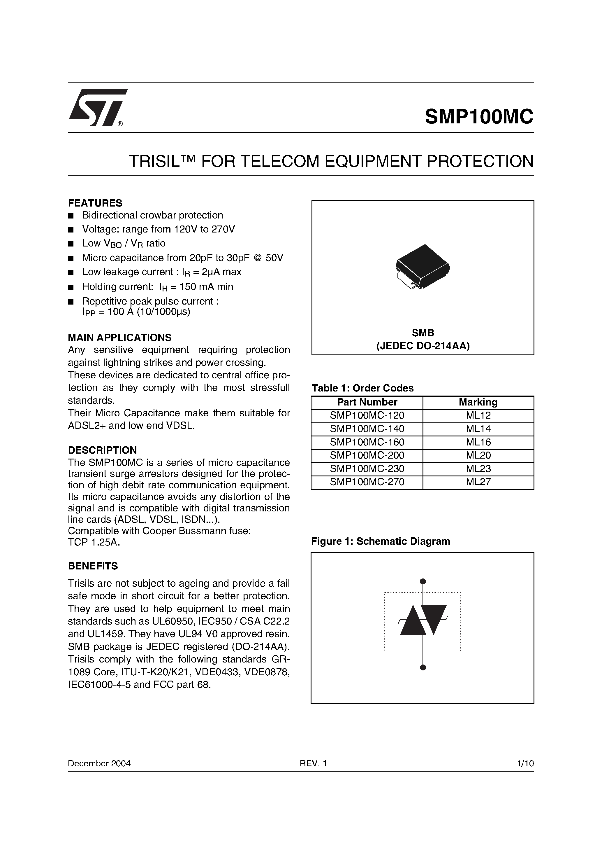 Datasheet SMP100MC - TRISIL FOR TELECOM EQUIPMENT PROTECTION page 1
