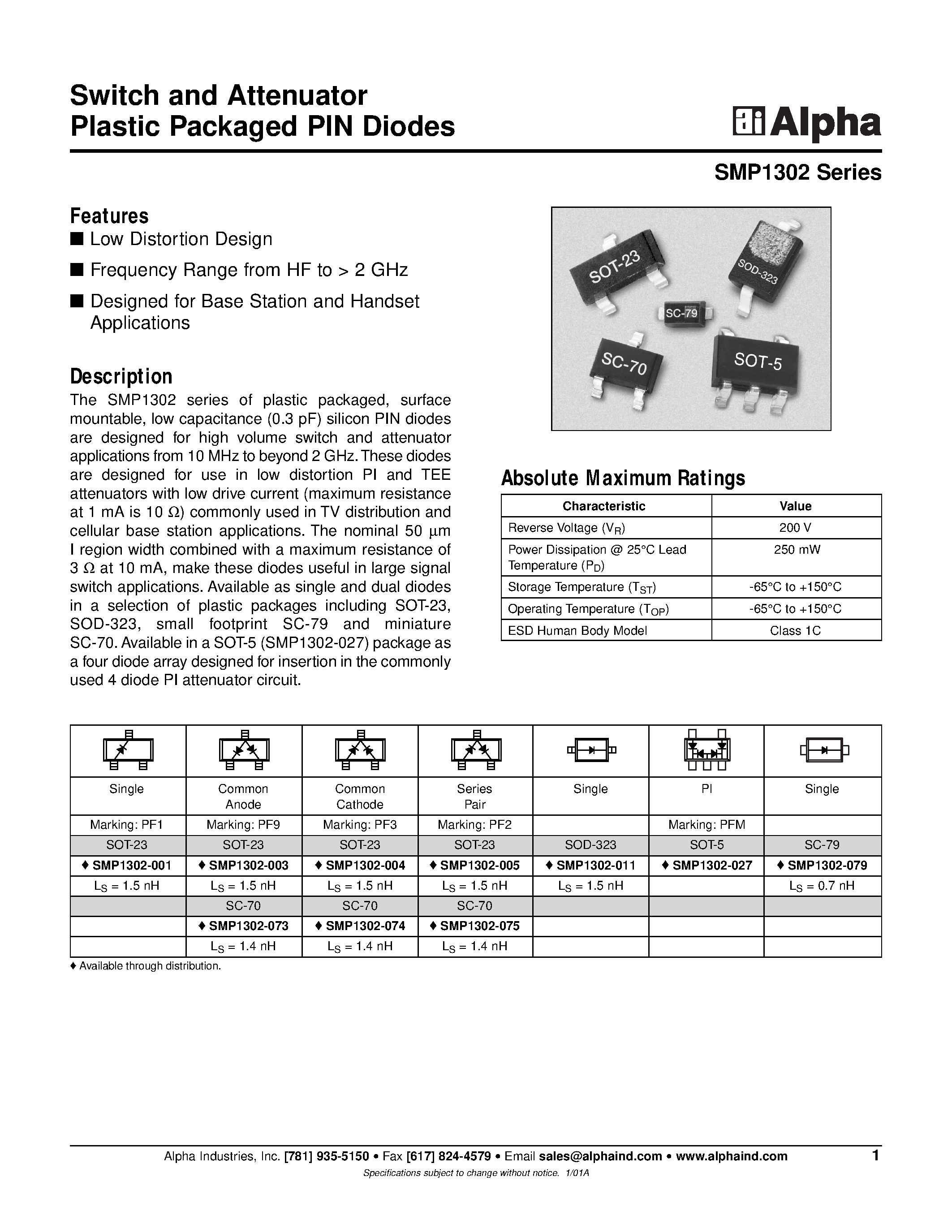 Datasheet SMP1302-011 - Switch and Attenuator Plastic Packaged PIN Diodes page 1