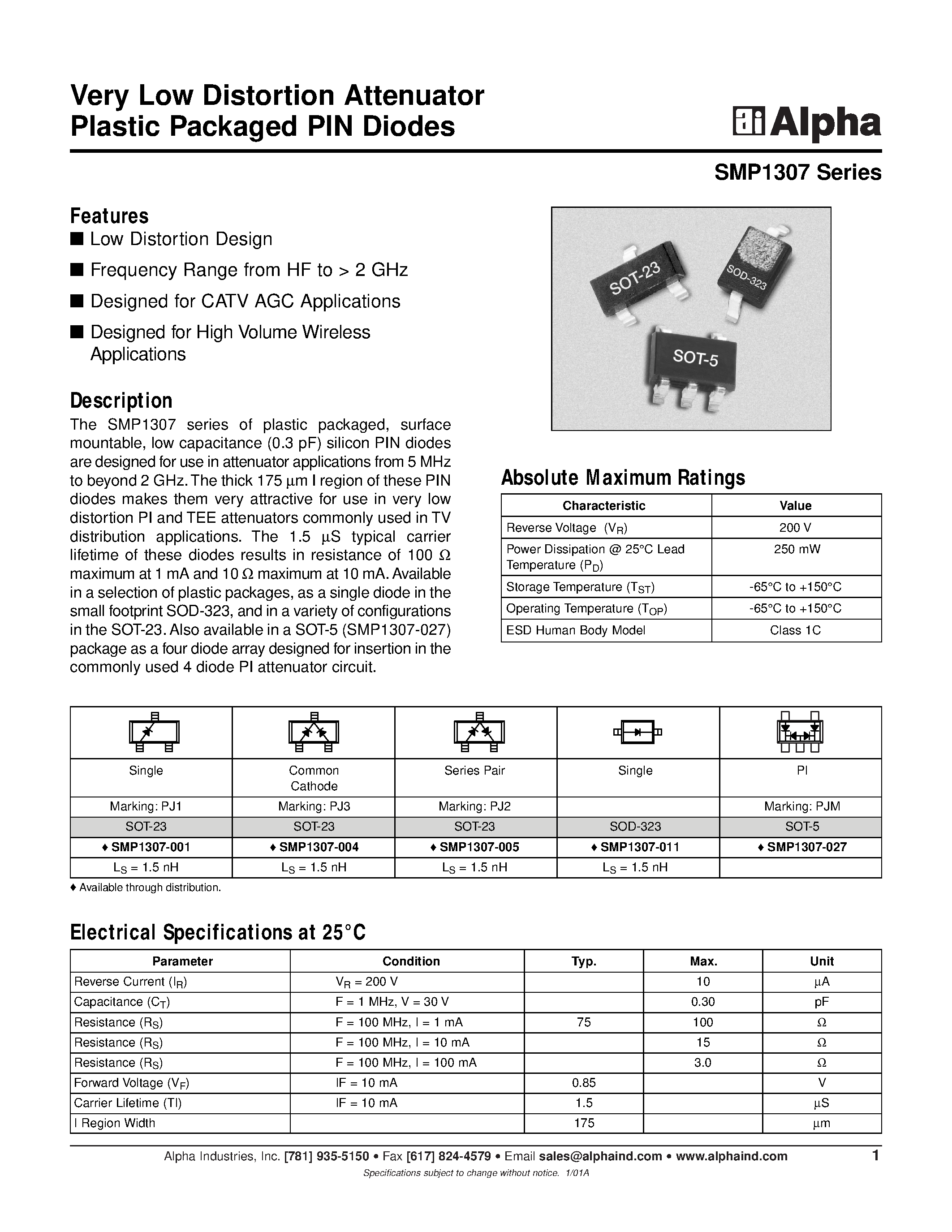 Datasheet SMP1307-027 - Very Low Distortion Attenuator Plastic Packaged PIN Diodes page 1