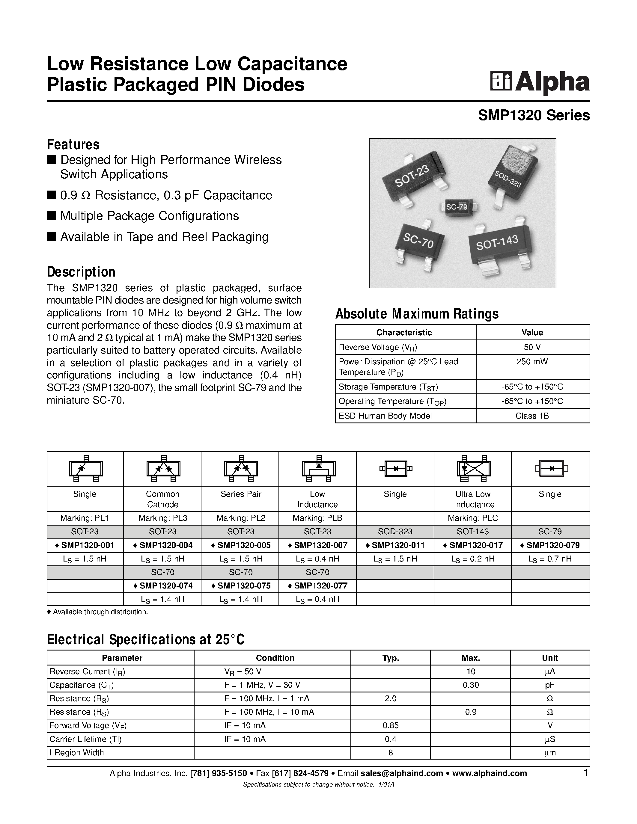Datasheet SMP1320-074 - Low Resistance Low Capacitance Plastic Packaged PIN Diodes page 1