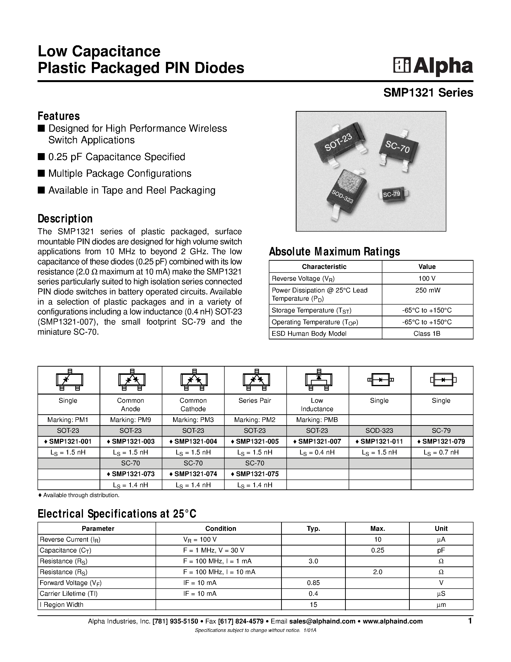 Datasheet SMP1321-073 - Low Capacitance Plastic Packaged PIN Diodes page 1
