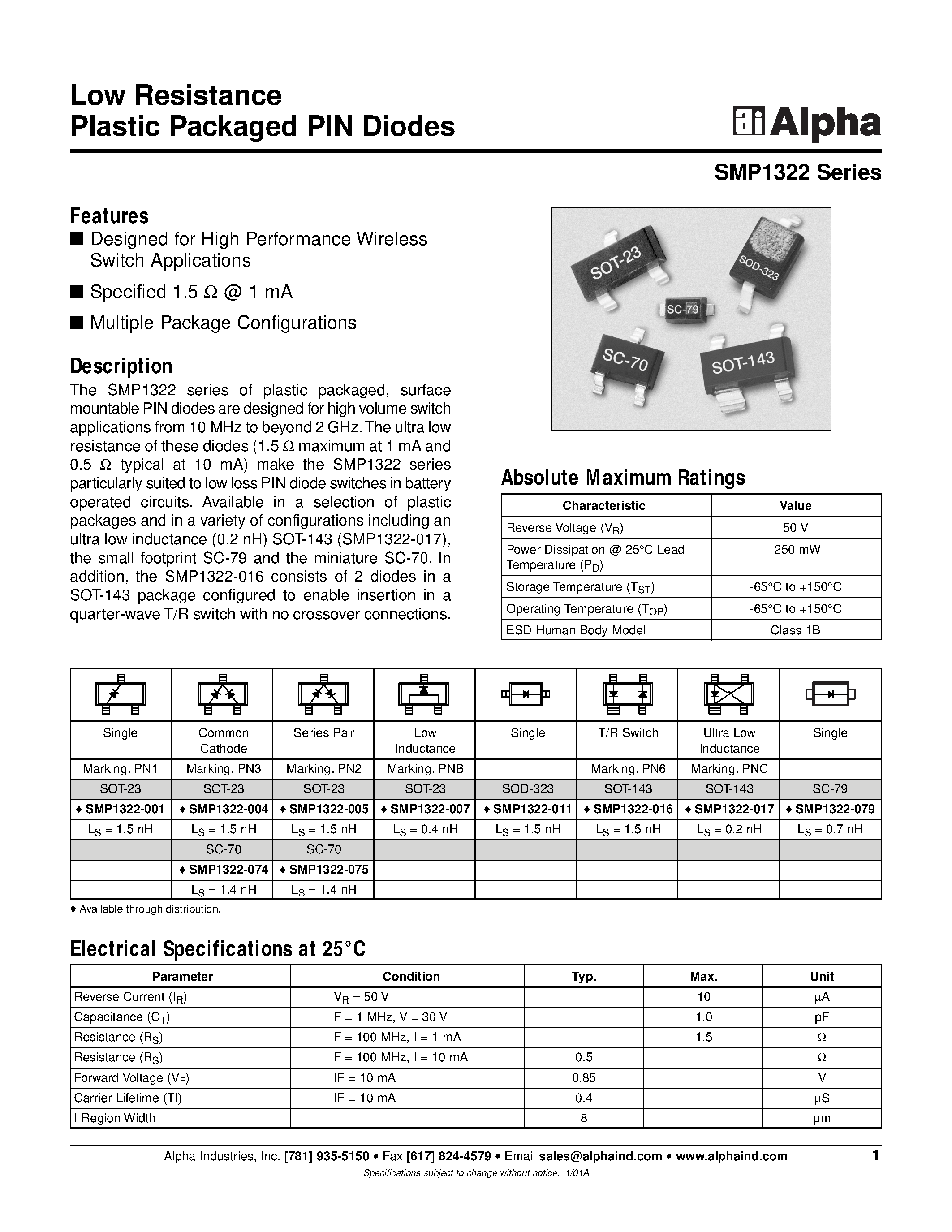 Datasheet SMP1322-001 - Low Resistance Plastic Packaged PIN Diodes page 1