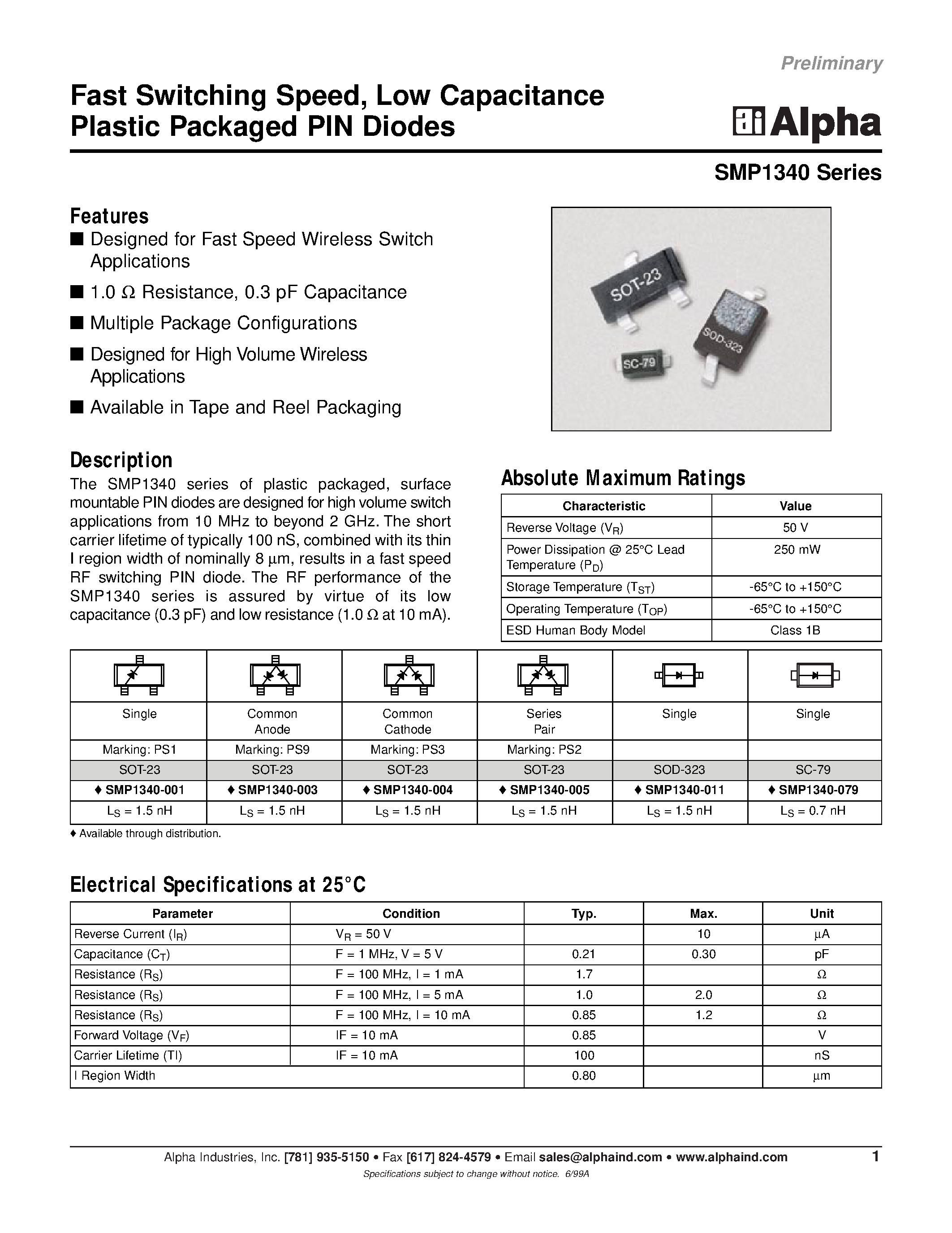 Datasheet SMP1340-001 page 1 Datasheet SMP1340-001 - Fast Switching Speed/ Low Capacitance Plastic Packaged PIN Diodes page 1