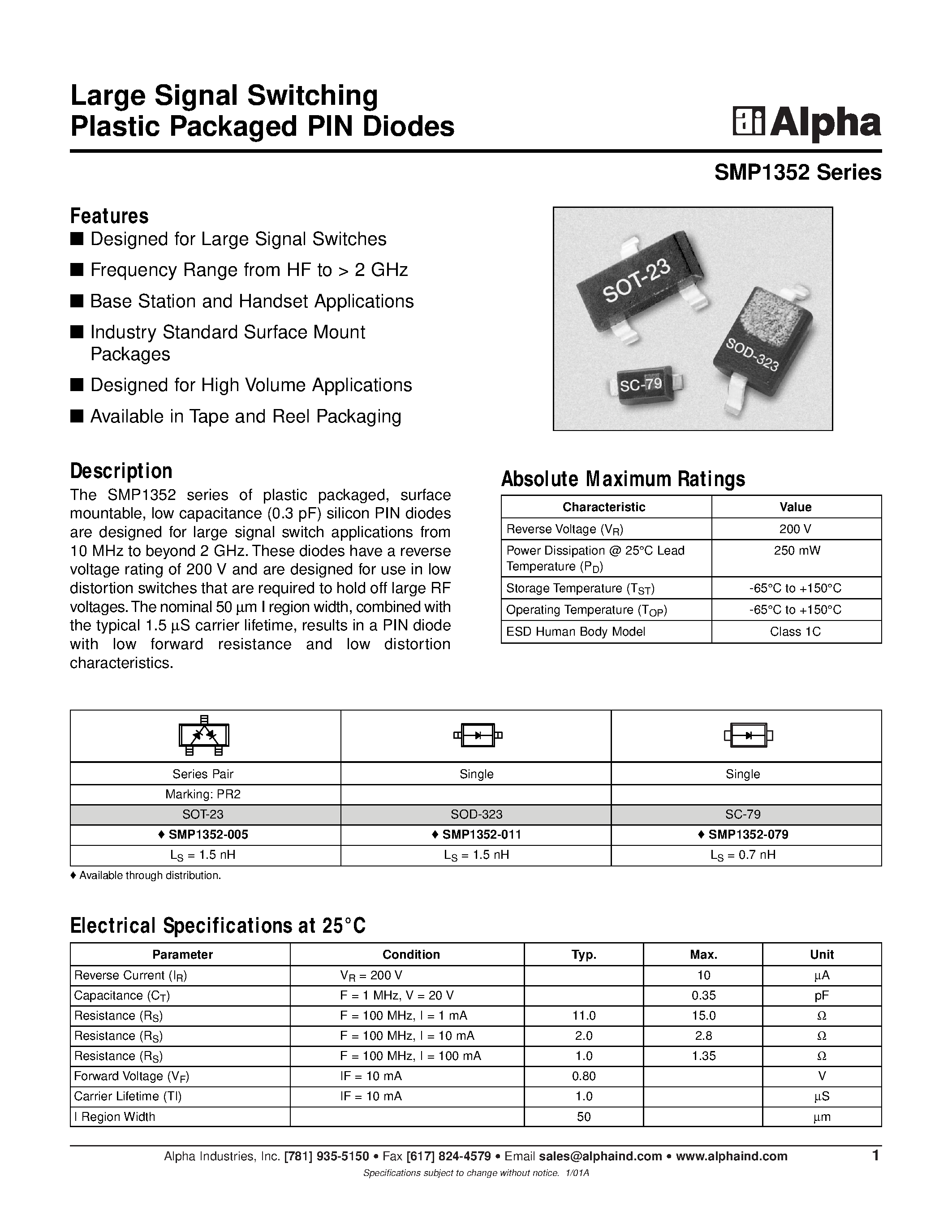Datasheet SMP1352-011 - Large Signal Switching Plastic Packaged PIN Diodes page 1