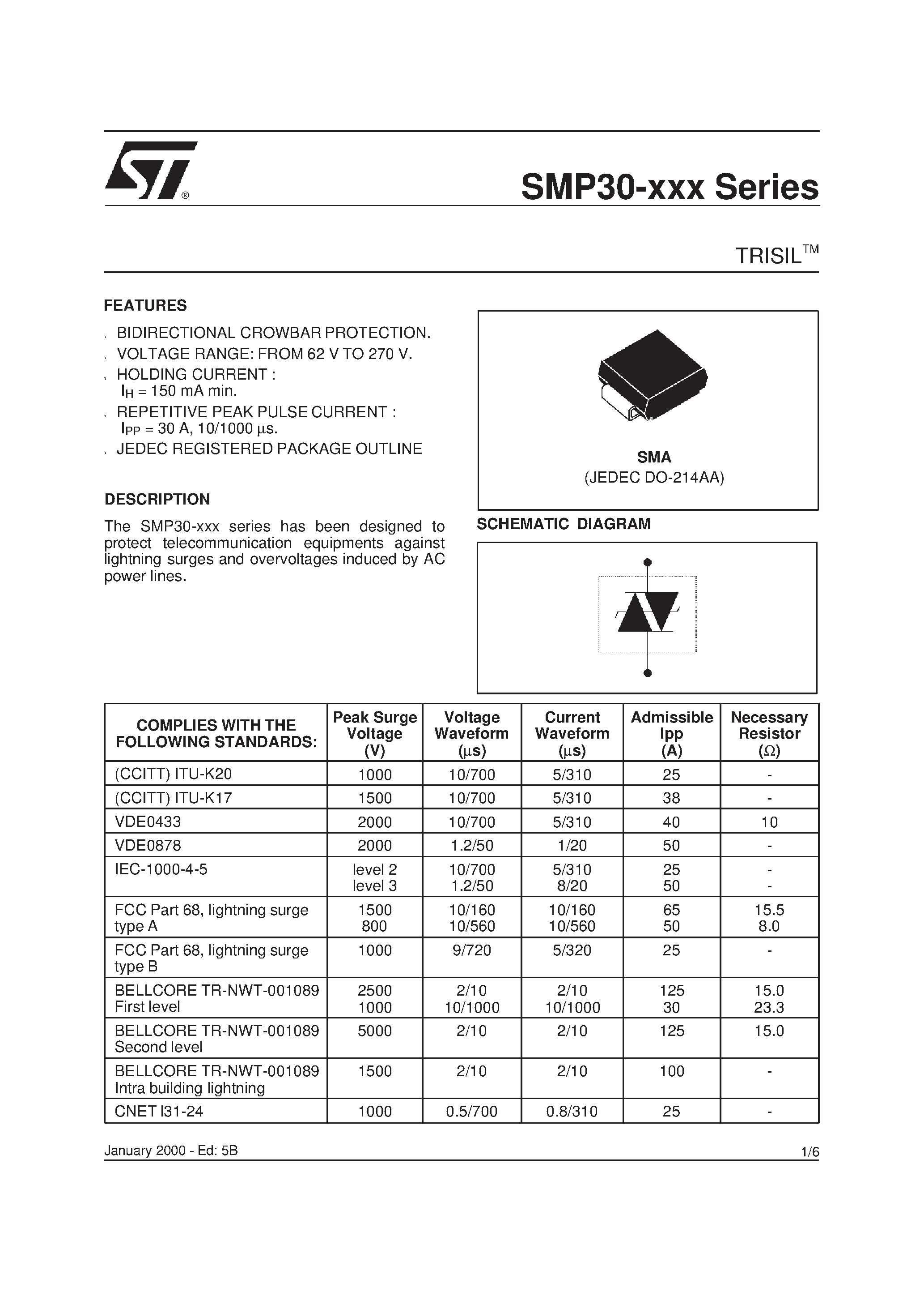 Datasheet SMP30-120 page 1 Datasheet SMP30-120 - TRISILTM page 1
