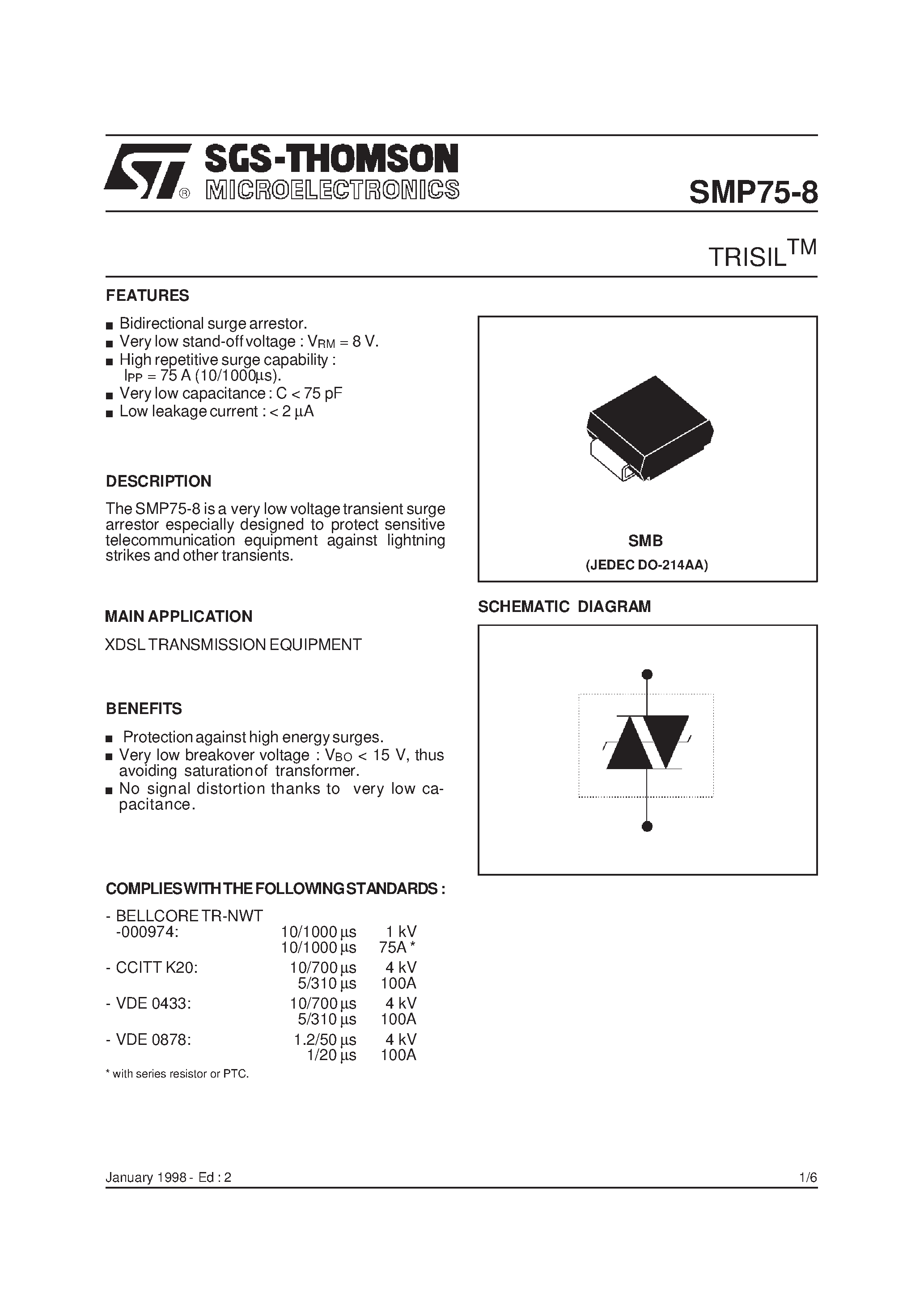 Datasheet SMP75-8 - TRISILTM page 1