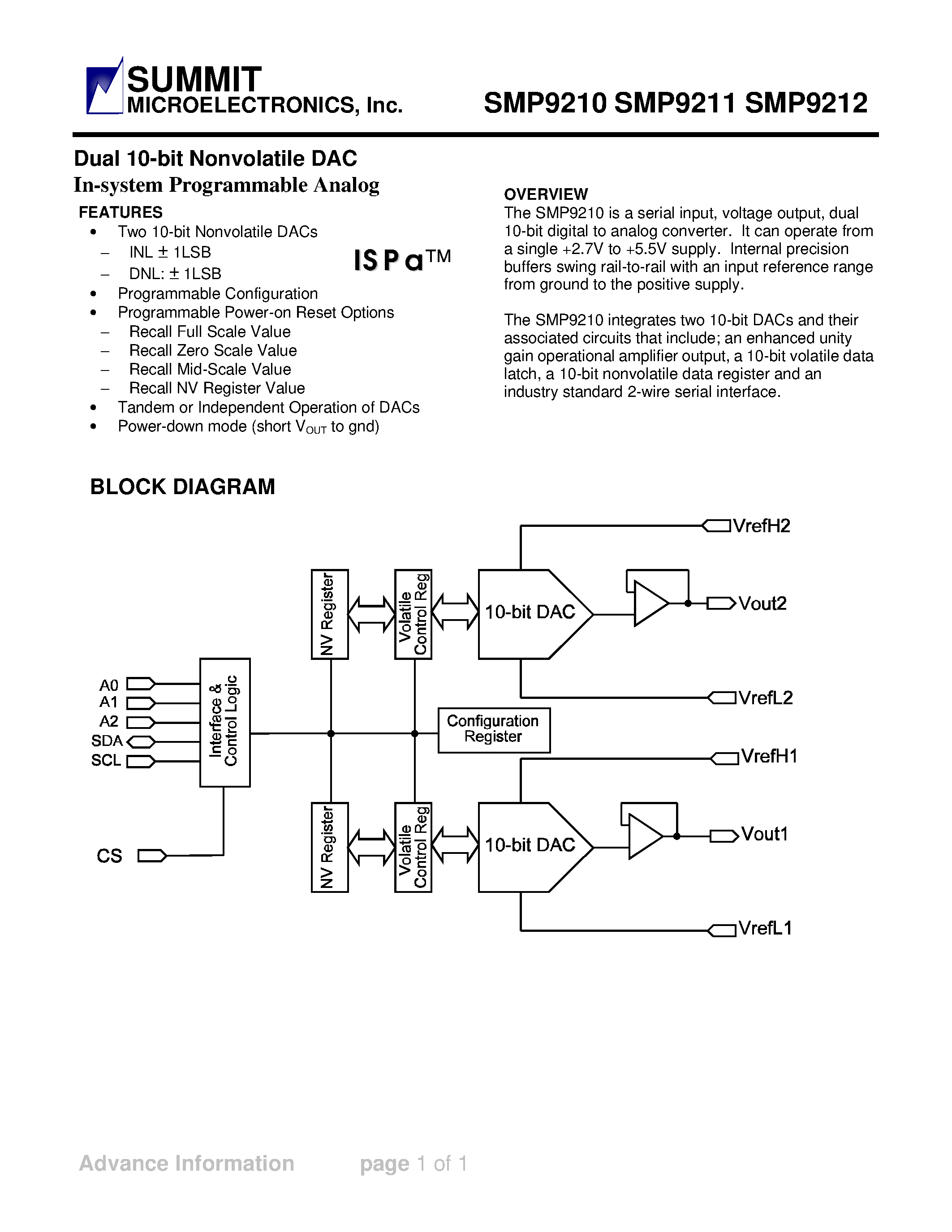 Datasheet SMP9212 page 1 Datasheet SMP9212 - Dual 10-bit Nonvolatile DAC page 1