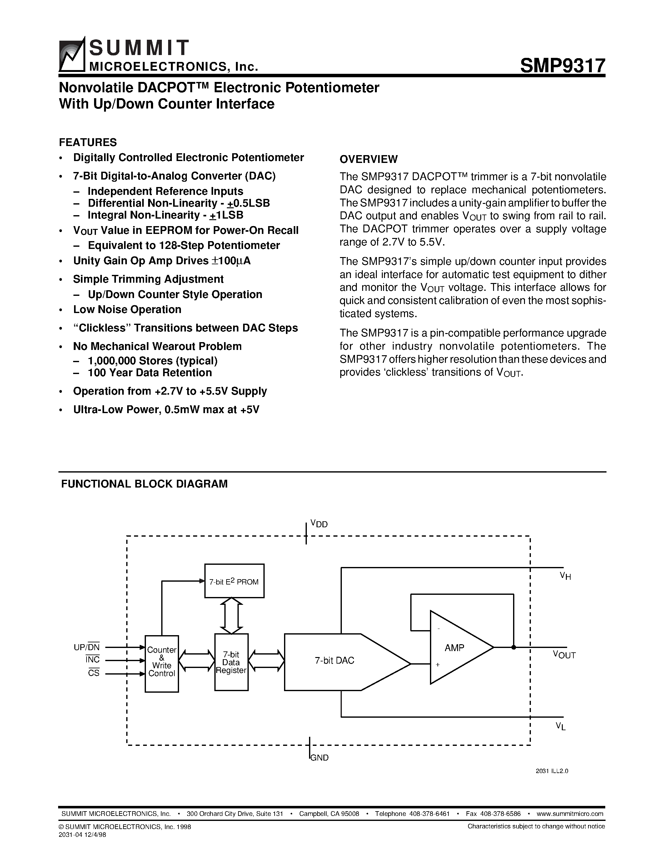Datasheet SMP9317S page 1 Datasheet SMP9317S - Nonvolatile DACPOT Electronic Potentiometer With Up/Down Counter Interface page 1