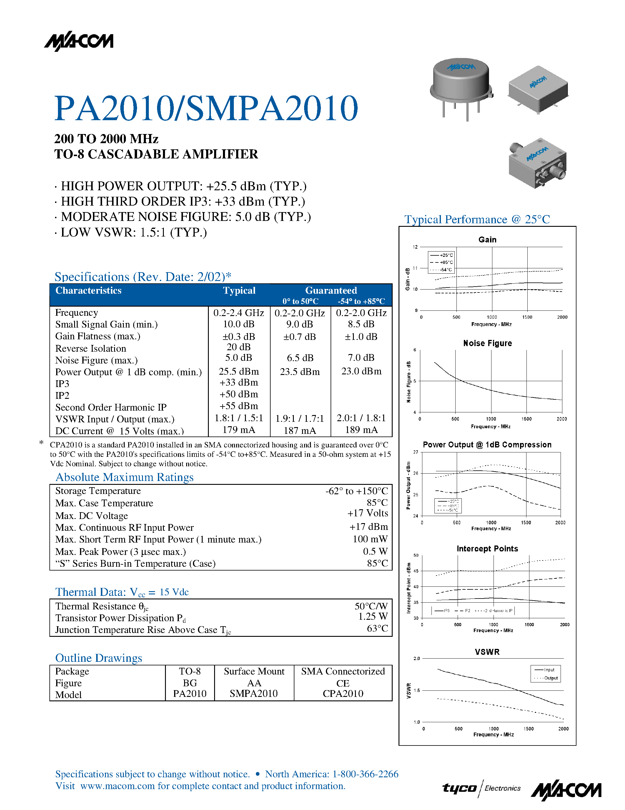 Даташит SMPA2010 - 200 TO 2000 MHz TO-8 CASCADABLE AMPLIFIER страница 1