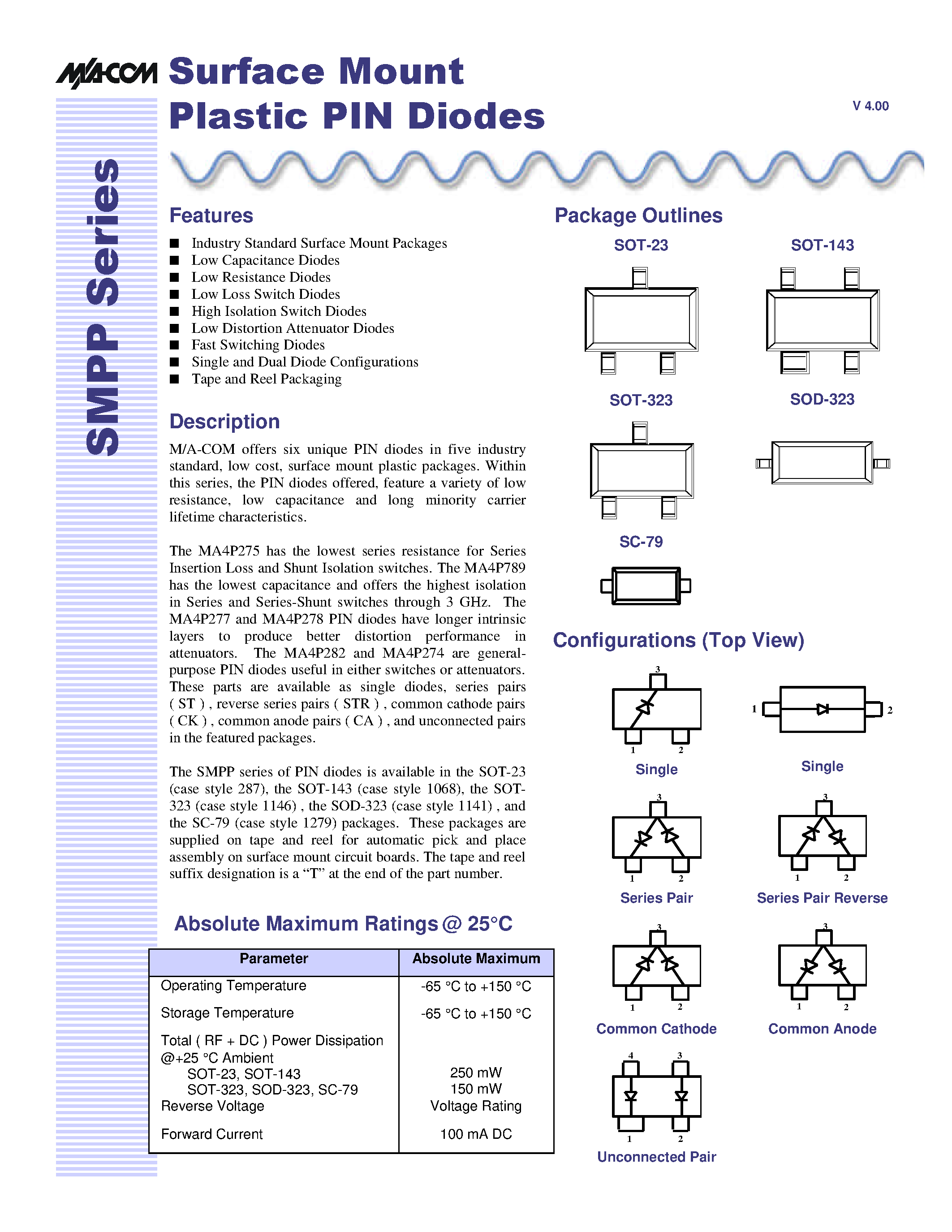 Datasheet SMPPSERIES - Surface Mount Plastic PIN Diodes page 1
