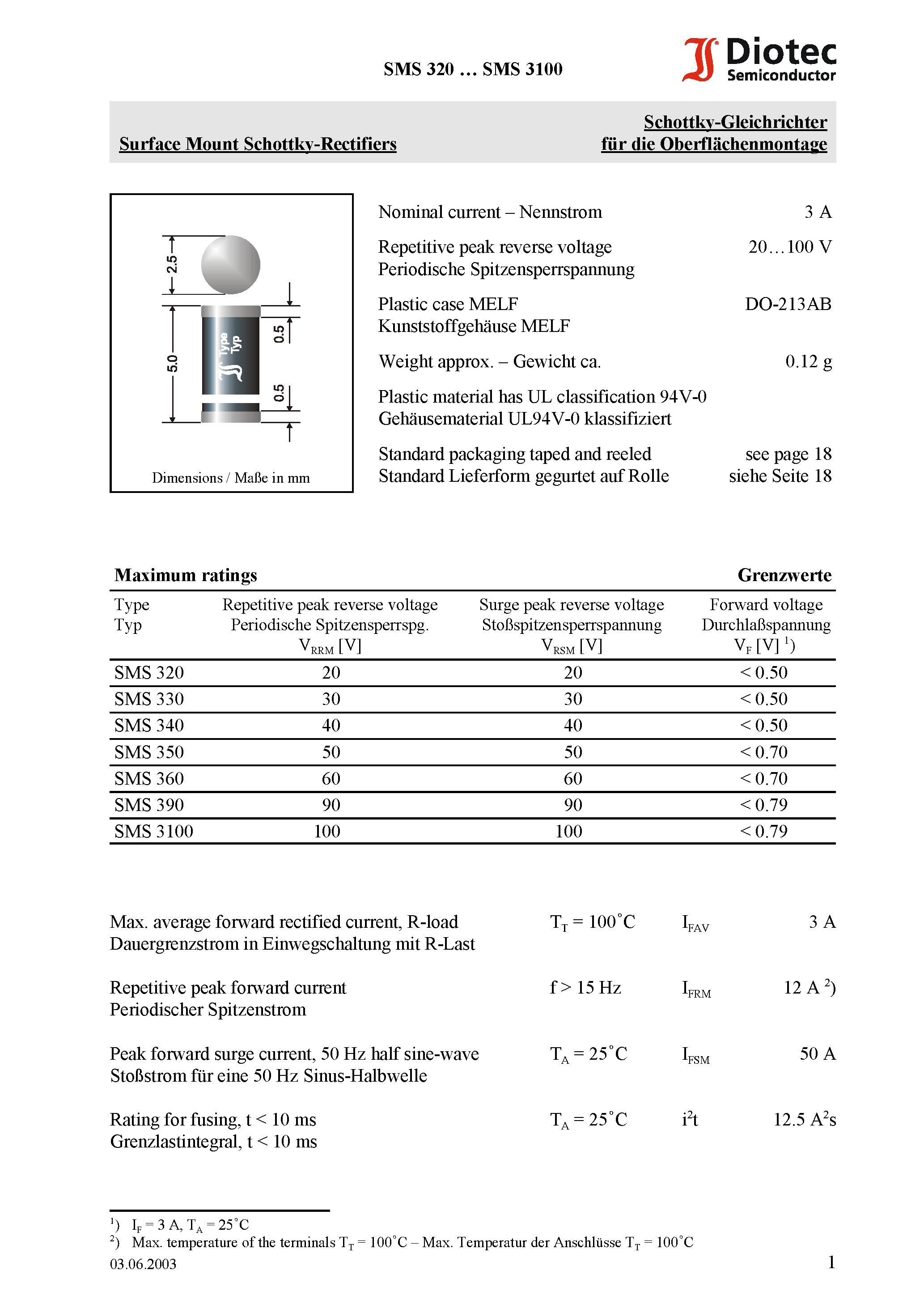 Datasheet SMS340 - Surface Mount Schottky-Rectifiers page 1