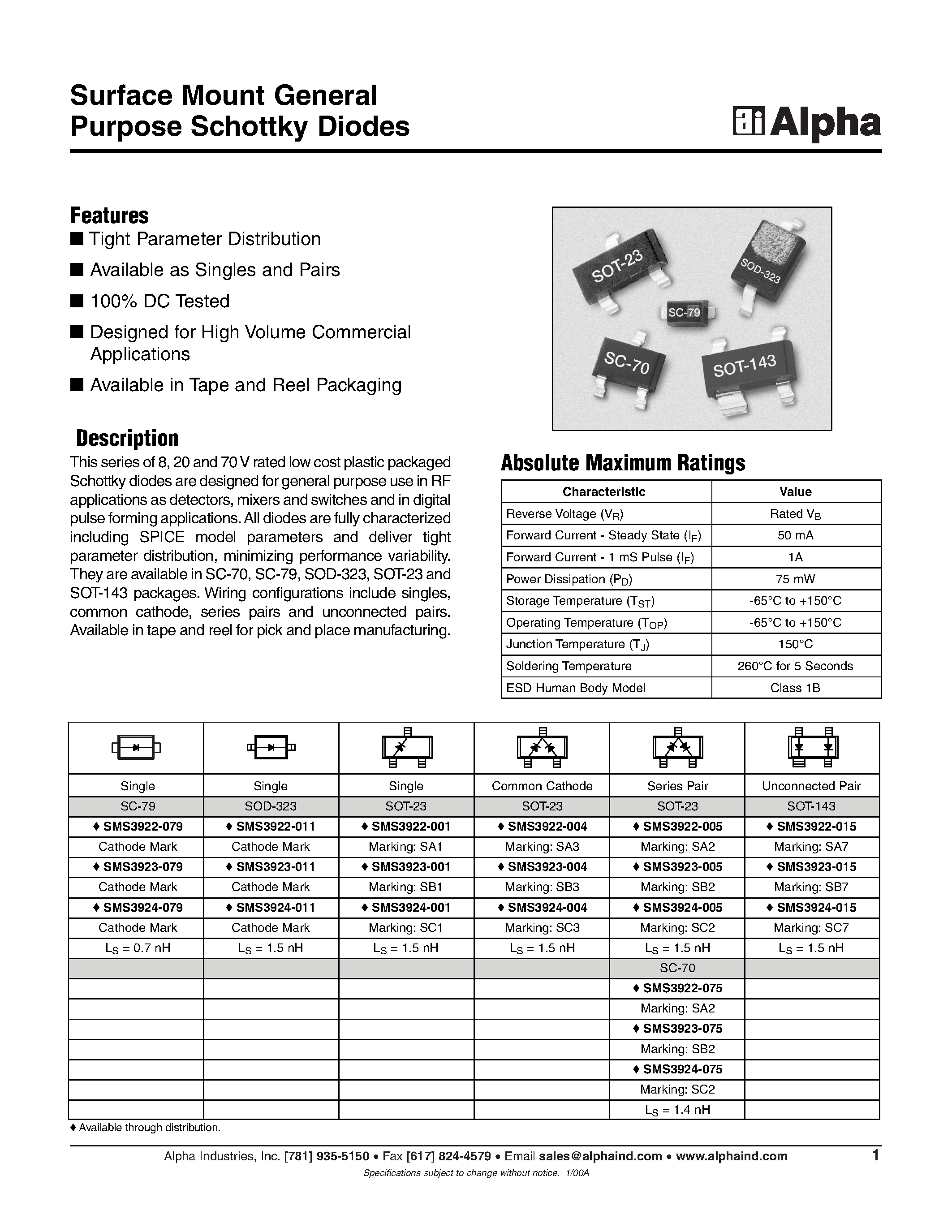 Даташит на микросхему SMS3923-011 страница 1 Даташит SMS3923-011 - Surface Mount General Purpose Schottky Diodes страница 1