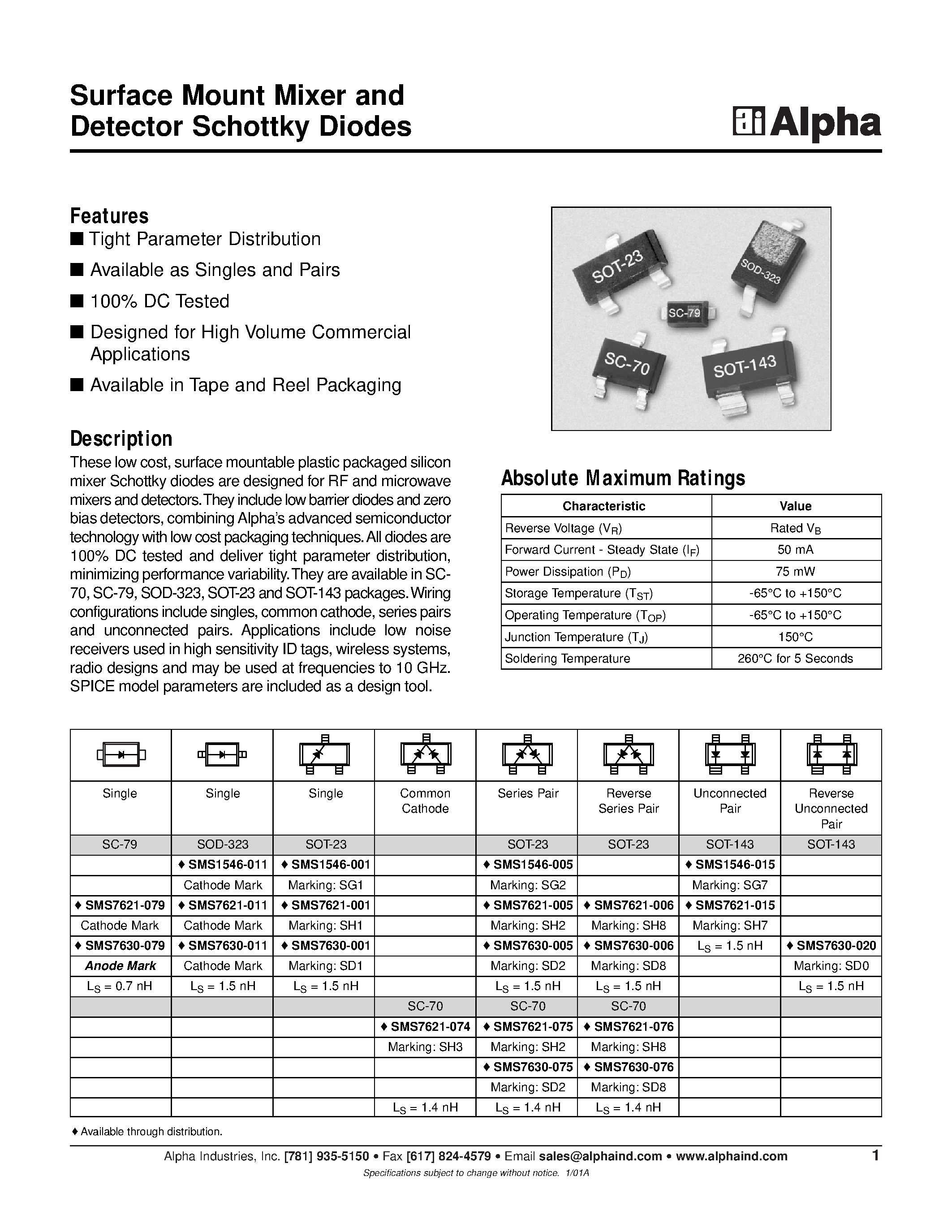 Даташит SMS7621-079 - Surface Mount Mixer and Detector Schottky Diodes страница 1