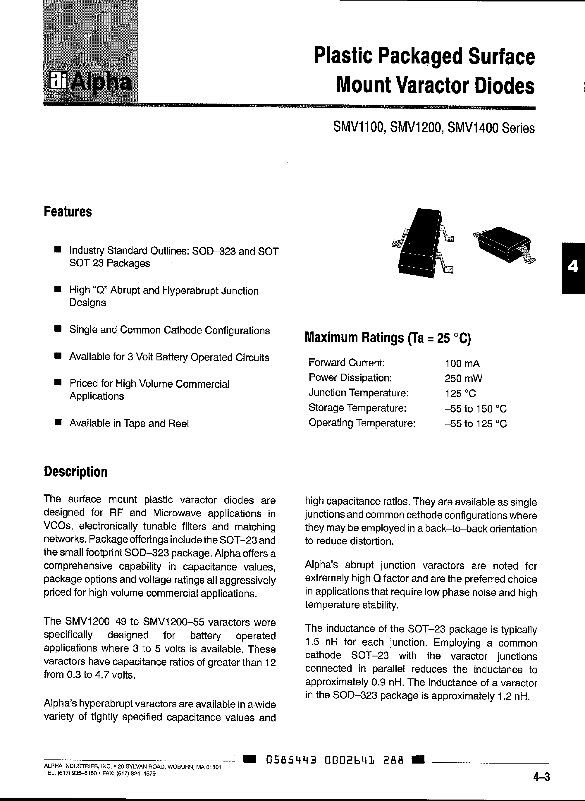 Даташит на микросхему SMV1400-110 страница 1 Даташит SMV1400-110 - Plastic Packaged Surface Mount Varactor Diodes страница 1