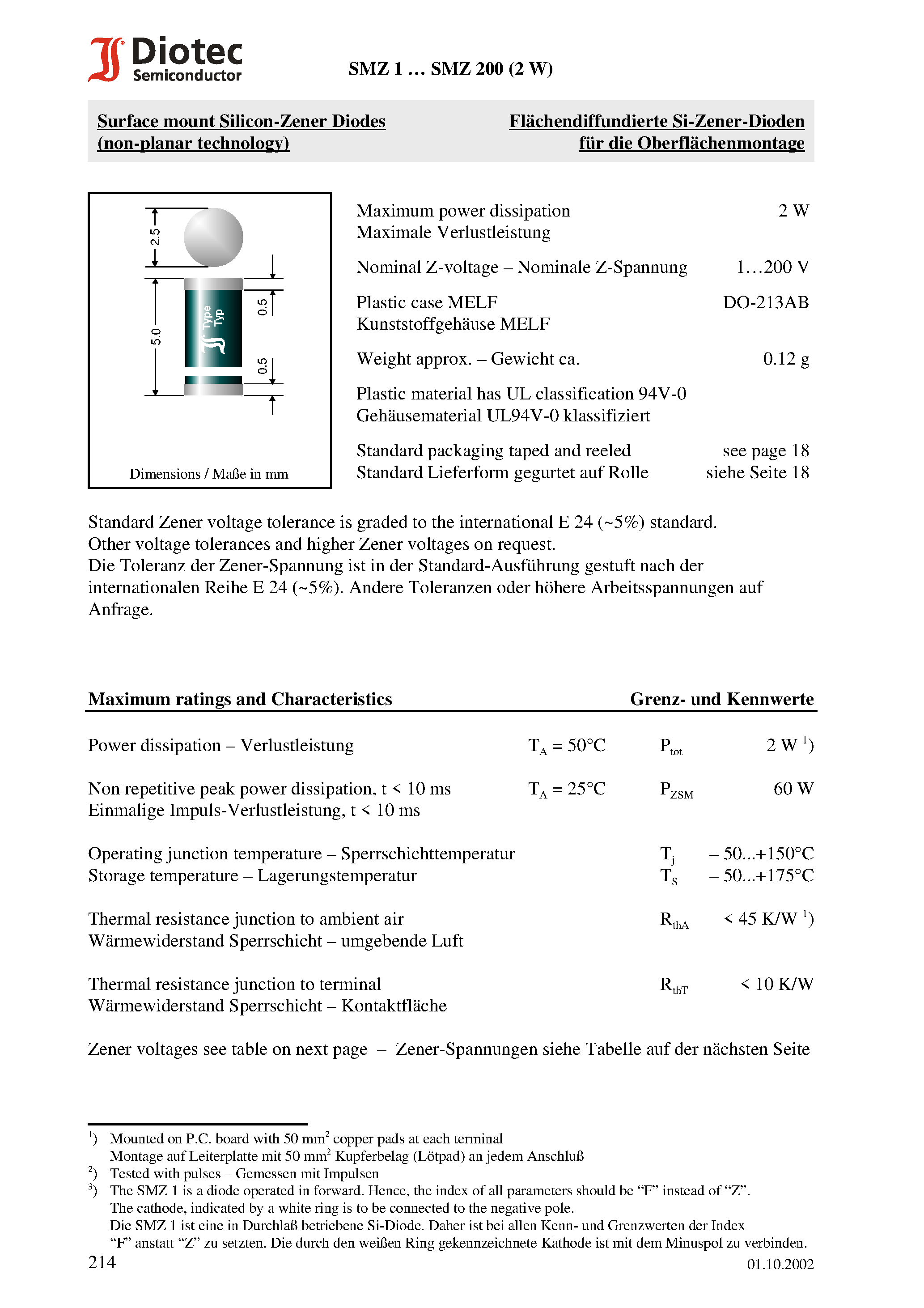 Datasheet SMZ8.2 - Surface mount Silicon-Zener Diodes (non-planar technology) page 1