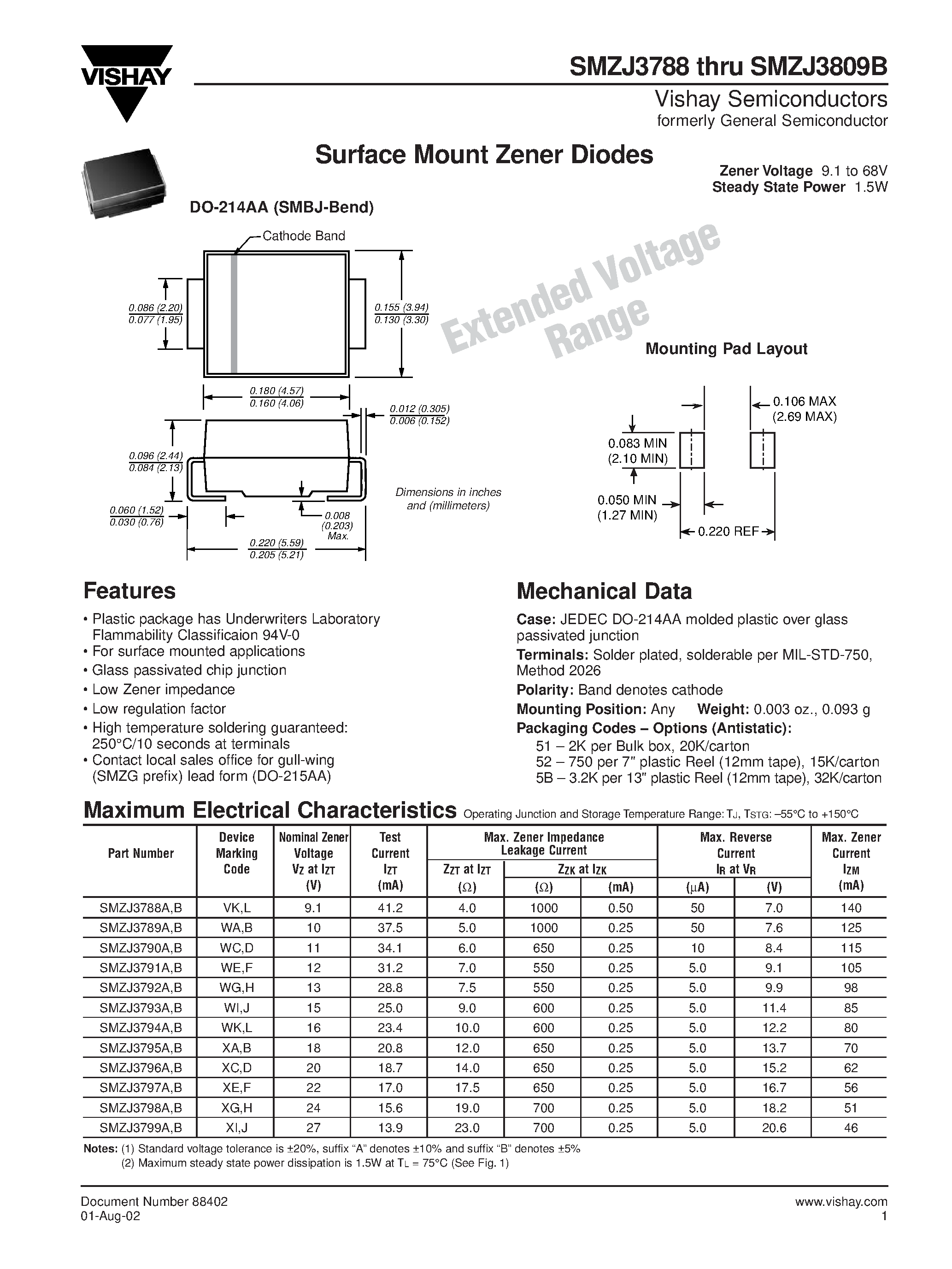 Даташит SMZJ3794B - Surface Mount Zener Diodes страница 1
