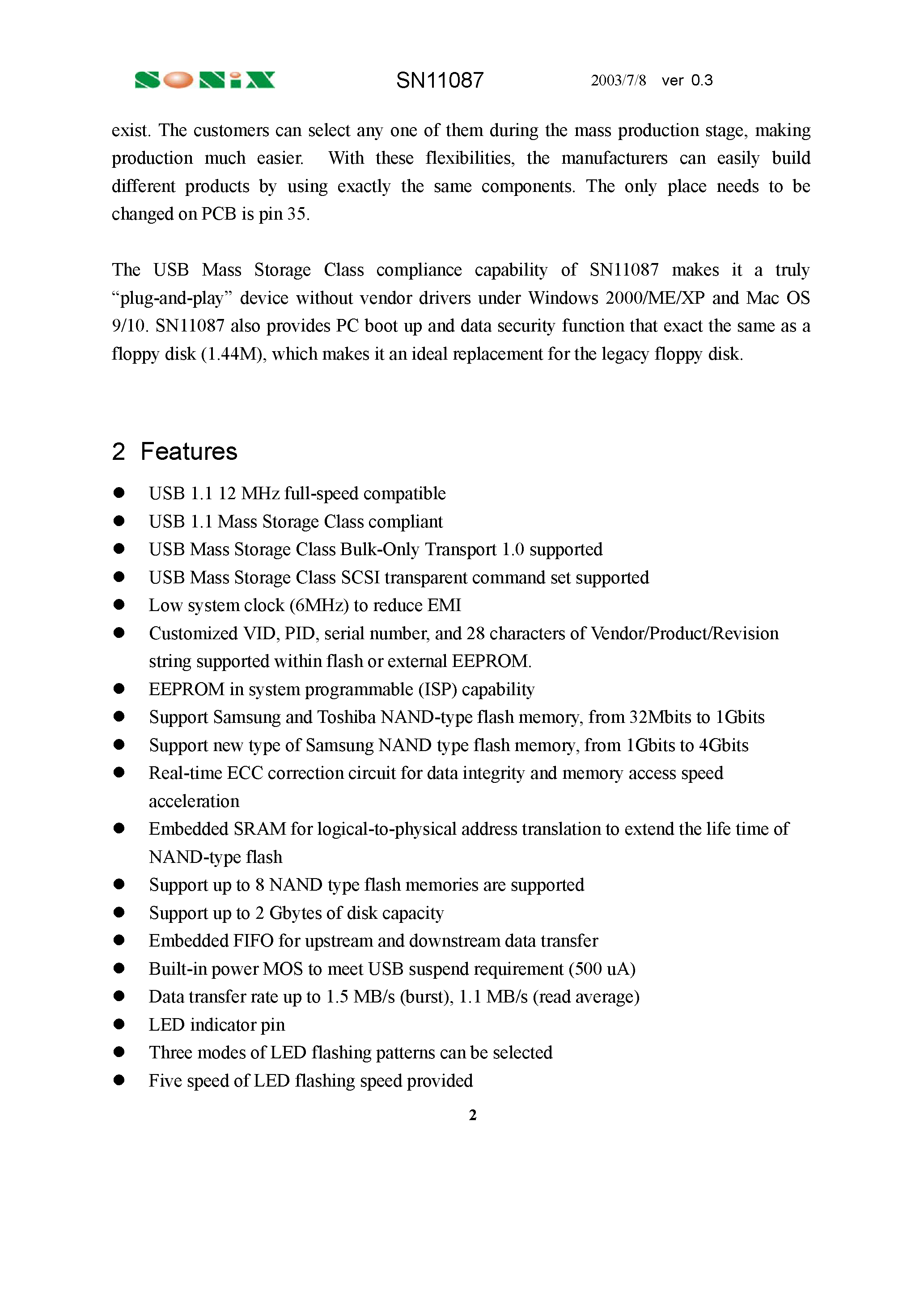 Даташит на микросхему SN11087 страница 2 Даташит SN11087 - Second Generation USB1.1 Flash Memory Controller страница 2