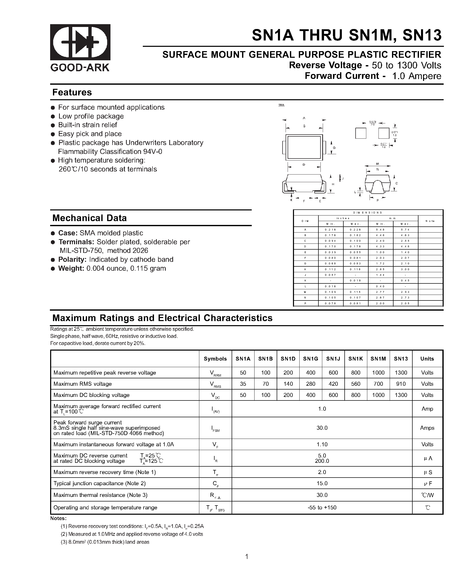 Datasheet SN1K - SURFACE MOUNT GENERAL PURPOSE PLASTIC RECTIFIER page 1