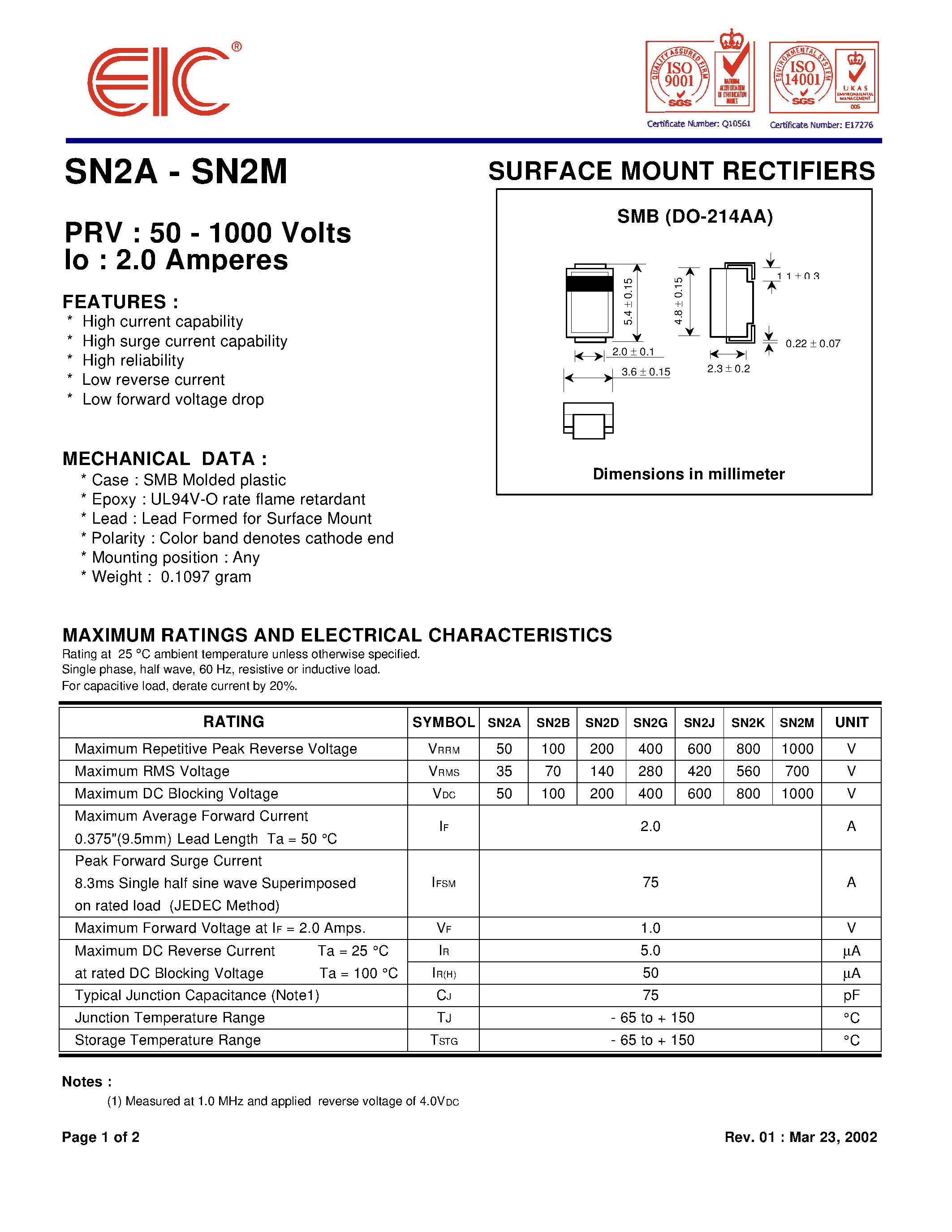 Datasheet SN2D - SURFACE MOUNT RECTIFIERS page 1