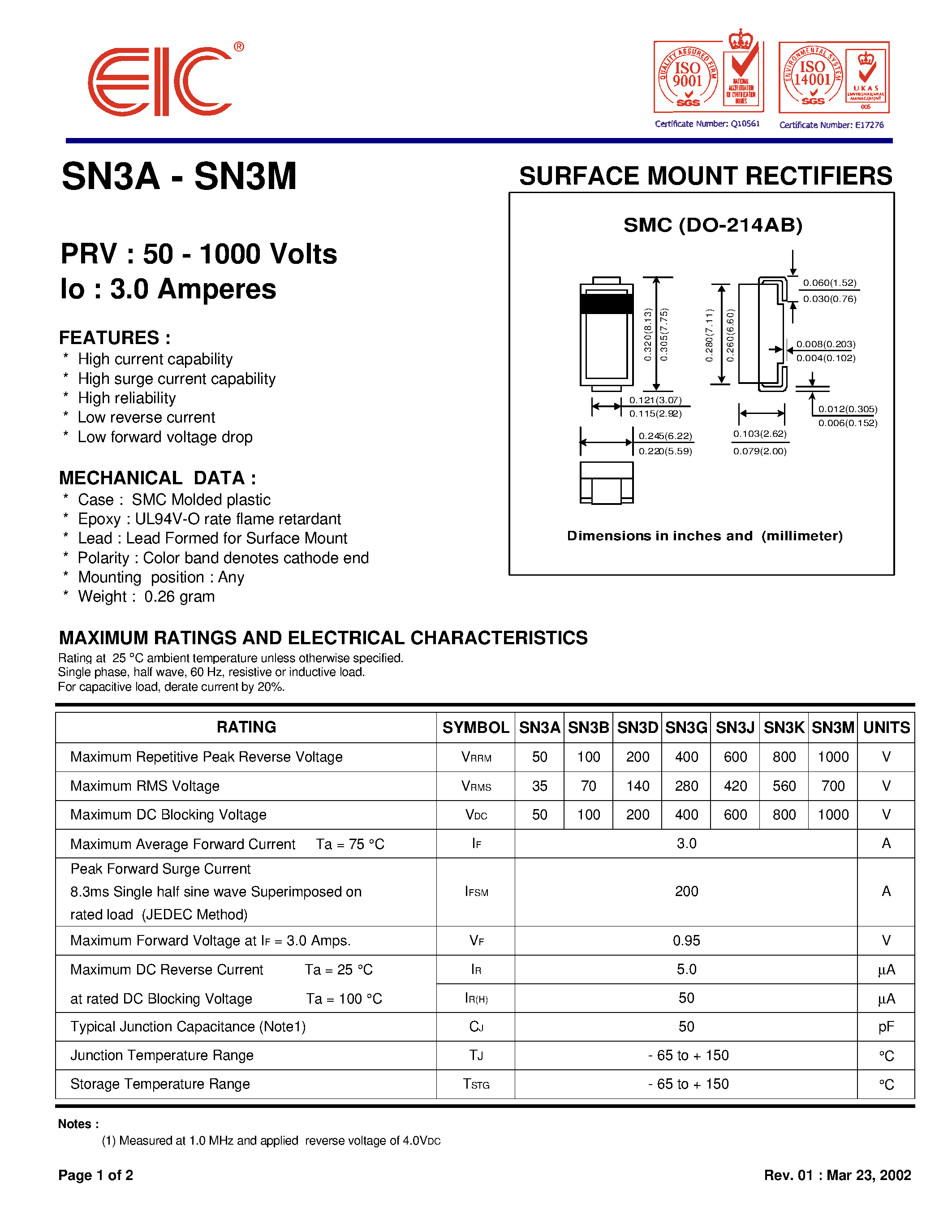 Datasheet SN3A - SURFACE MOUNT RECTIFIERS page 1