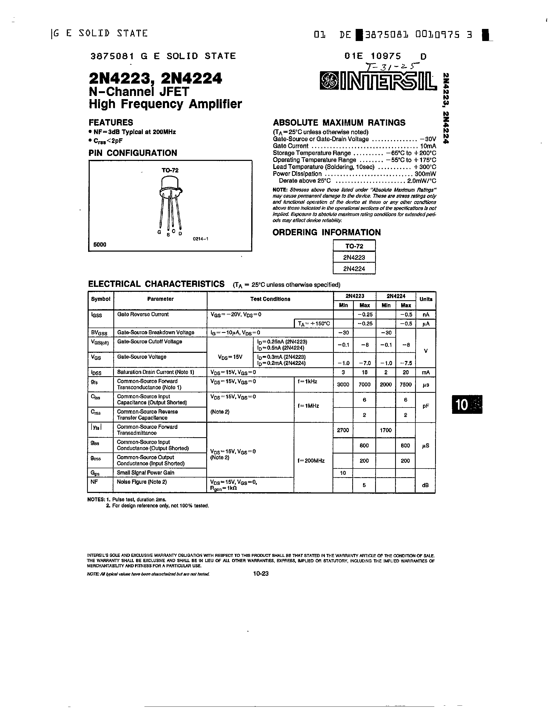 Datasheet SN4224 - N CHANNEL JFET HIGH FREQUENCY AMPLIFIER page 1