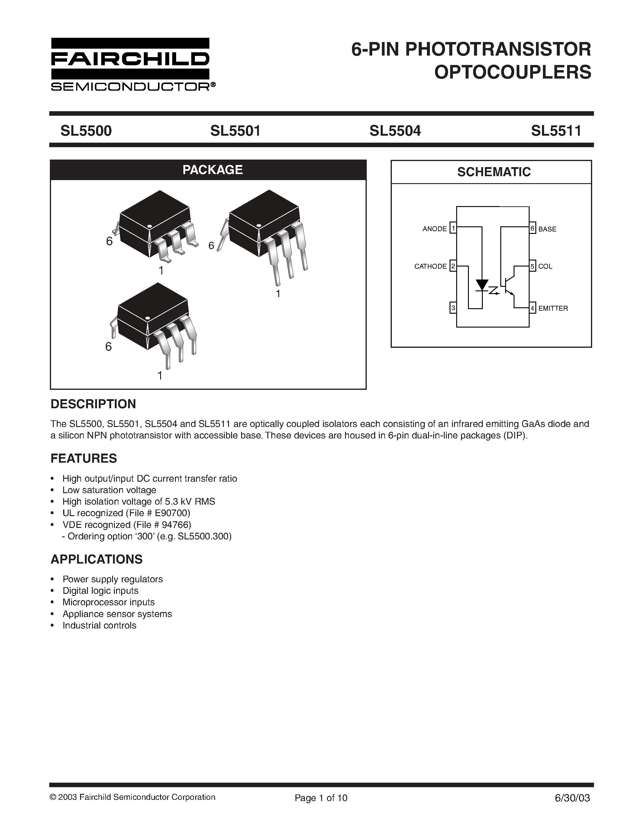 Datasheet SL5511 - 6-PIN PHOTOTRANSISTOR OPTOCOUPLERS page 1