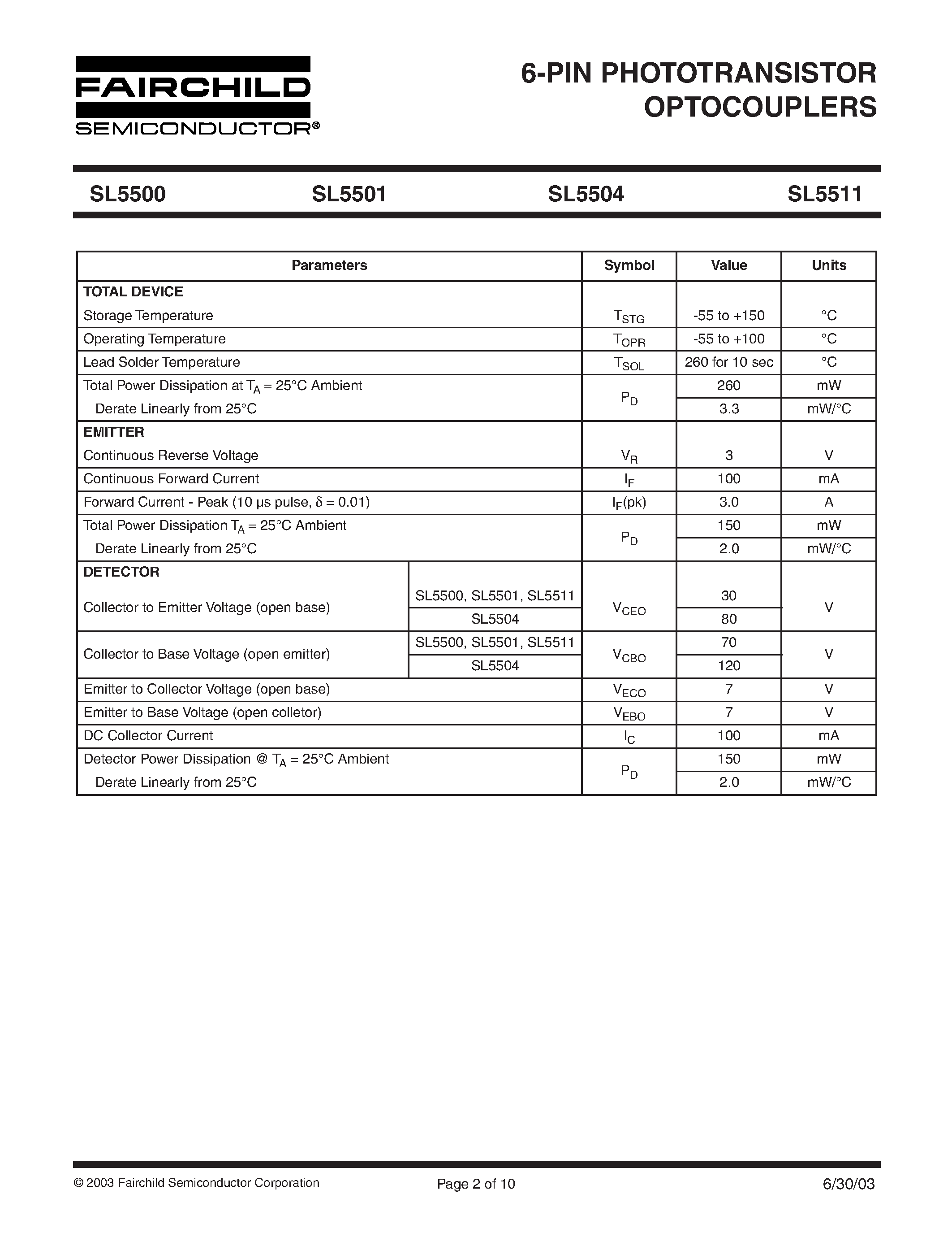 Datasheet SL5511 - 6-PIN PHOTOTRANSISTOR OPTOCOUPLERS page 2