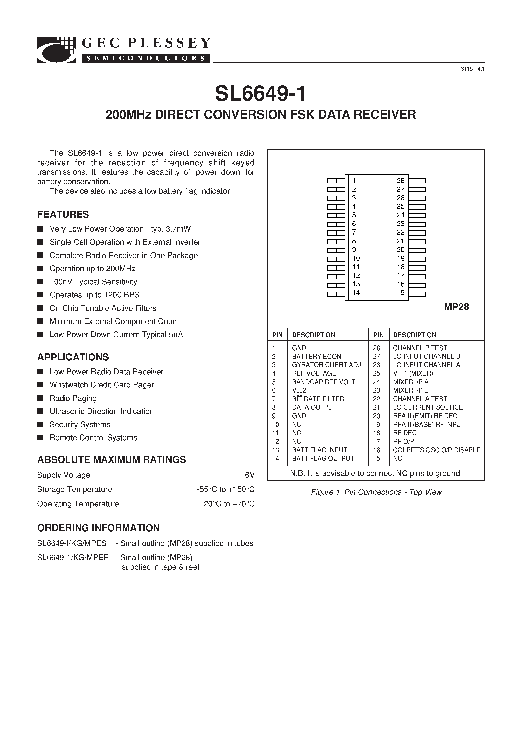 Datasheet SL6649-1 page 2 Datasheet SL6649-1 - 200MHz DIRECT CONVERSION FSK DATA RECEIVER page 2