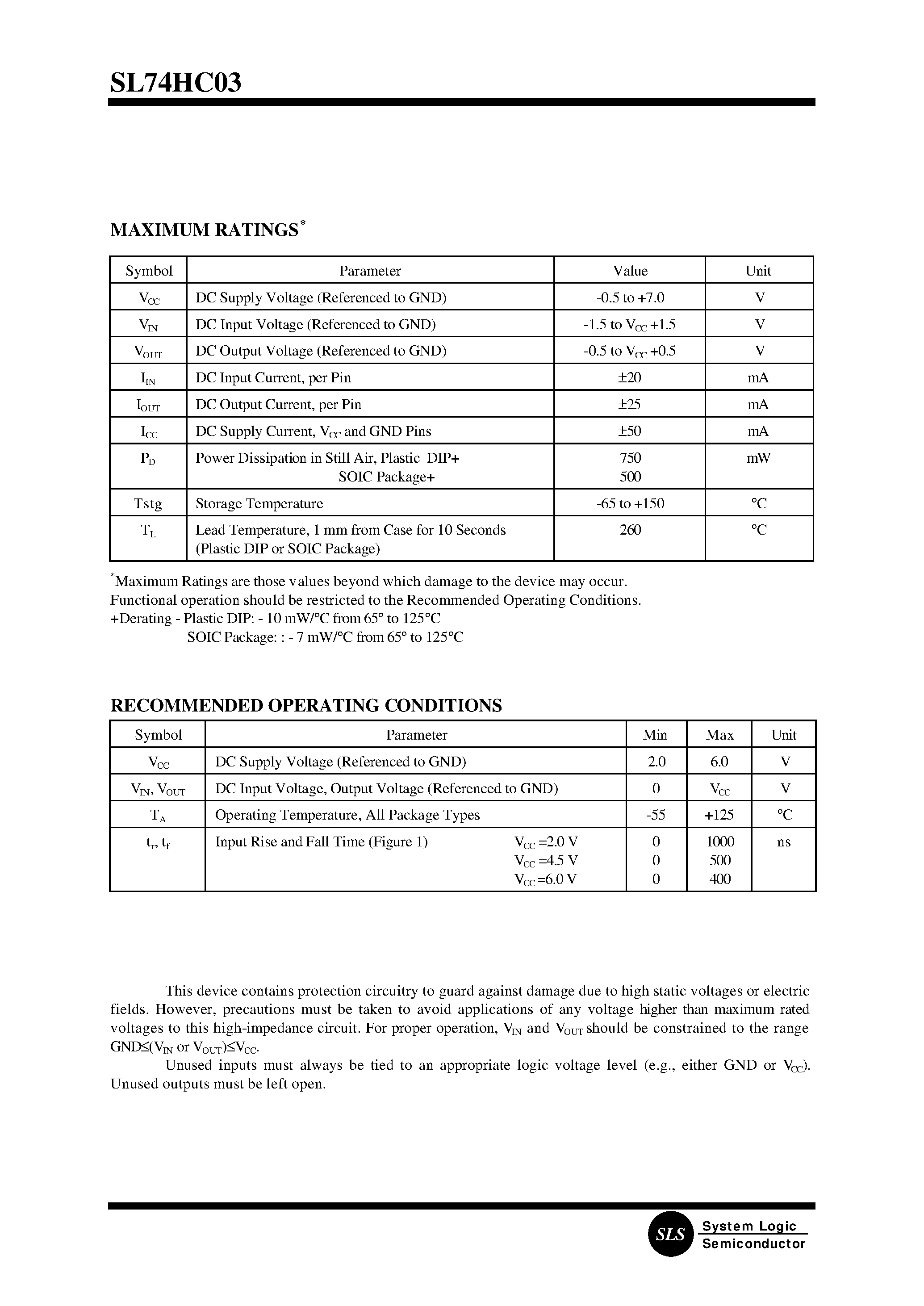 Datasheet SL74HC03D - Quad 2-Input NAND Gate with Open-Drain Outputs page 2