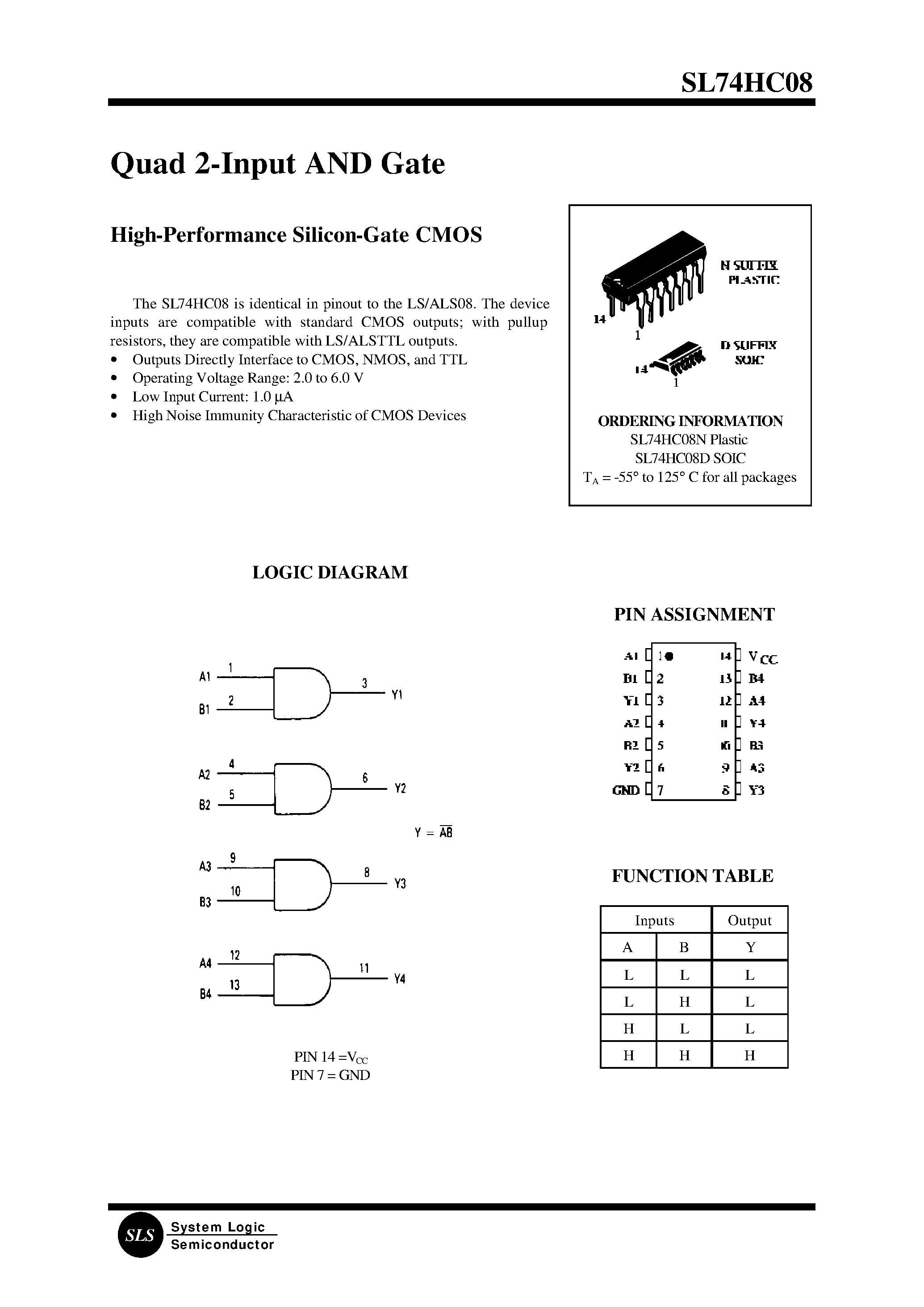 Datasheet SL74HC08N page 1 Datasheet SL74HC08N - Quad 2-Input AND Gate page 1