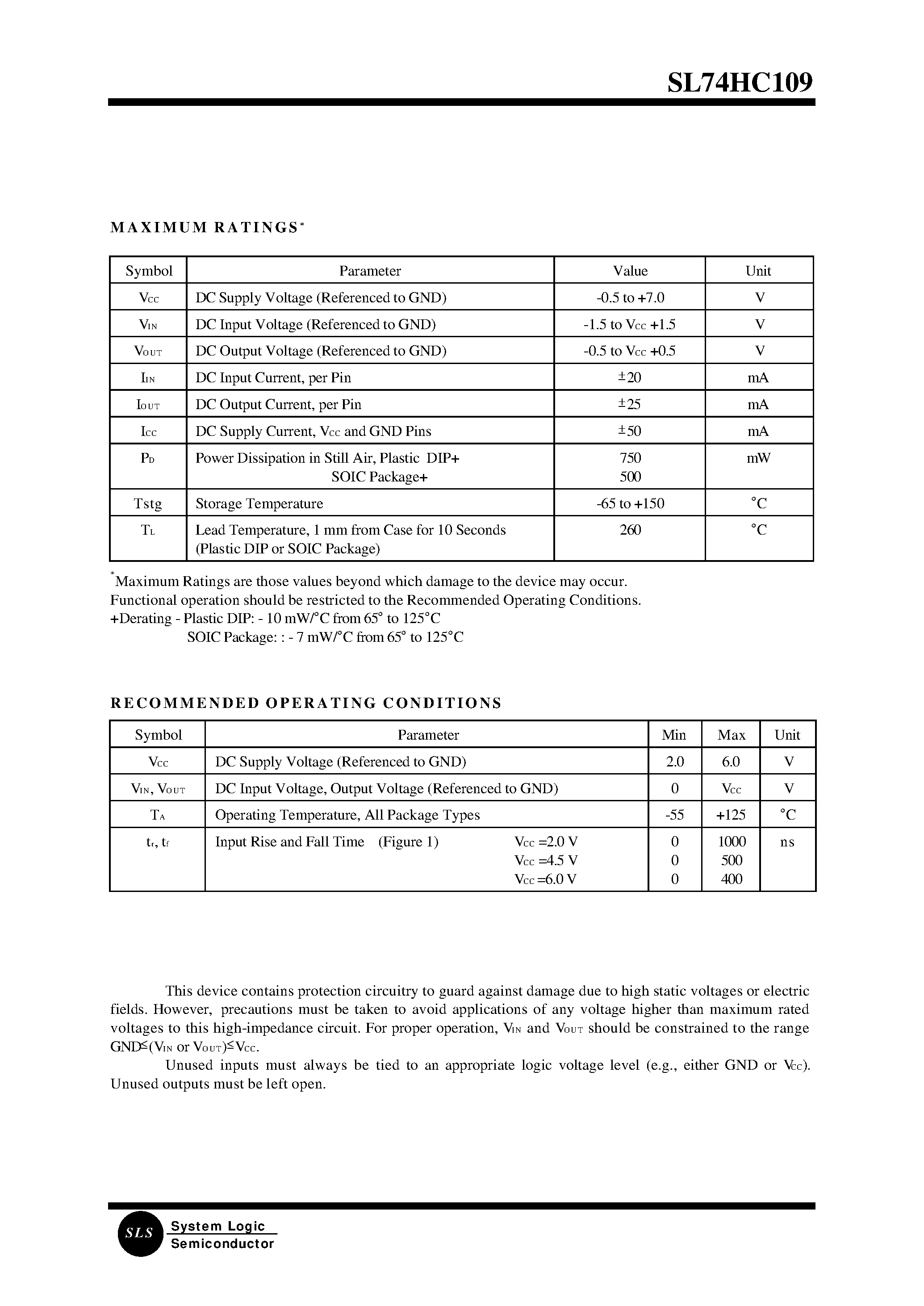 Datasheet SL74HC109 page 2 Datasheet SL74HC109 - Dual J-K Flip-Flop with Set and Reset page 2