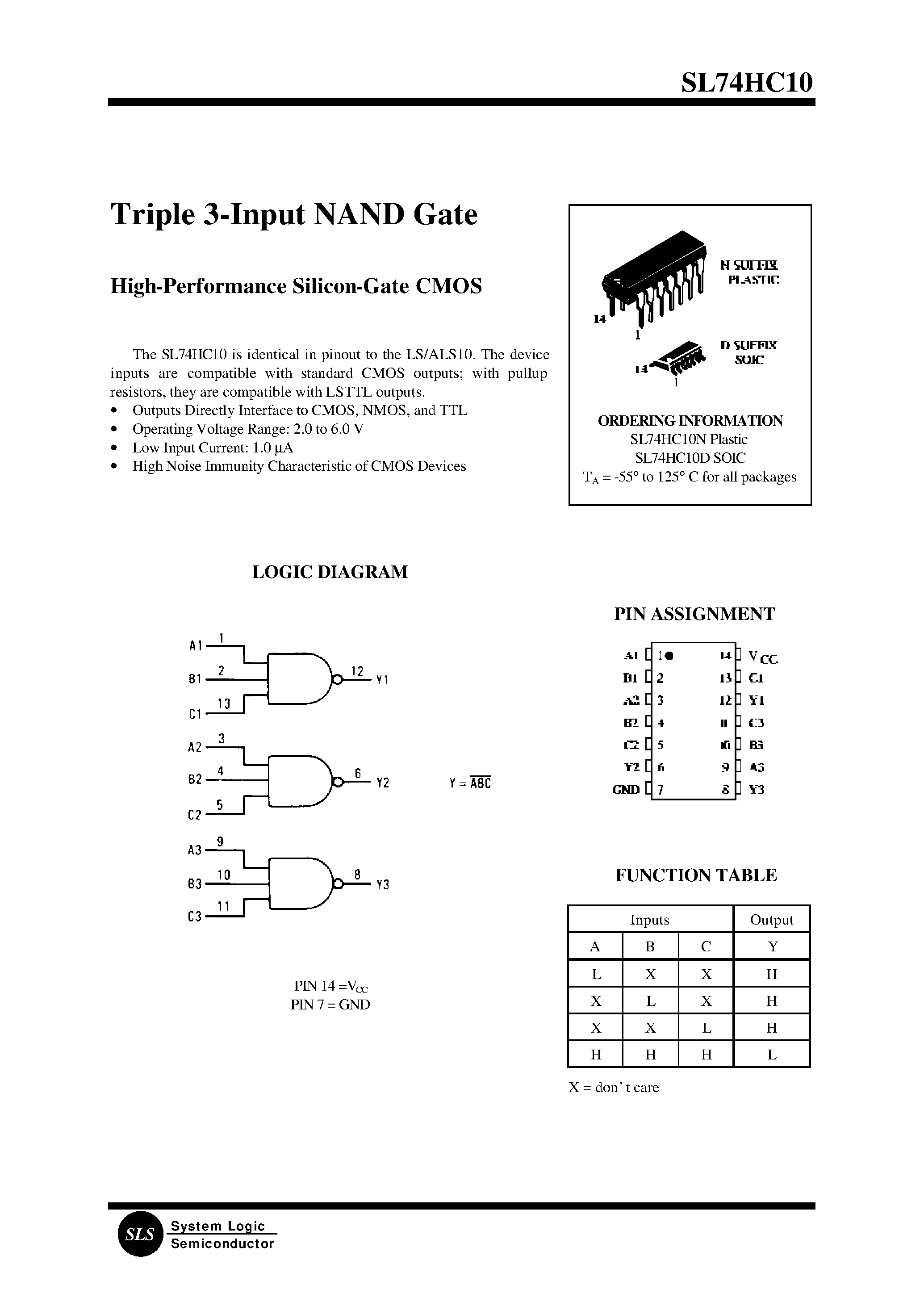 Datasheet SL74HC10D - Triple 3-Input NAND Gate page 1