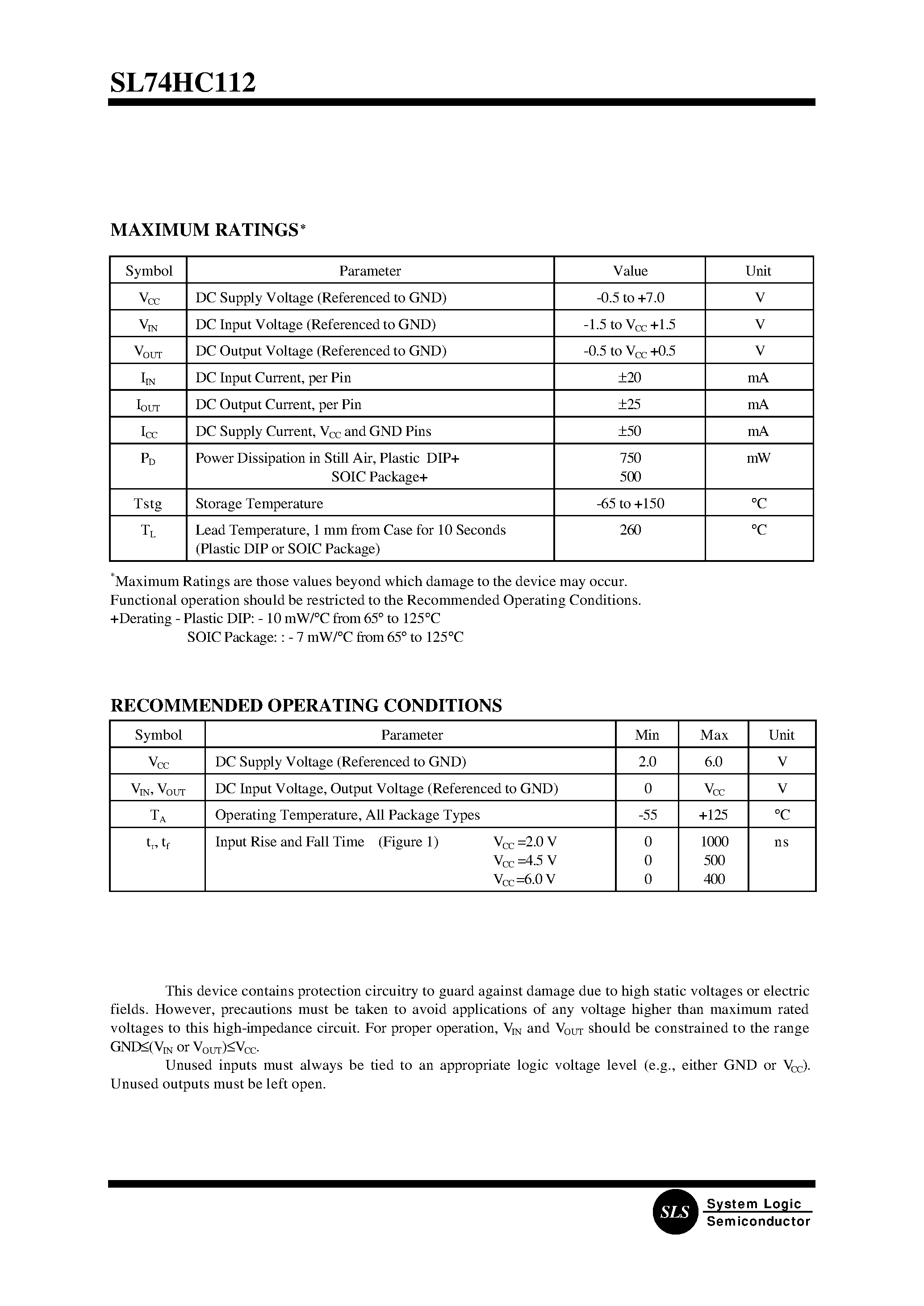 Datasheet SL74HC112 - Dual J-K Flip-Flop with Set and Reset page 2