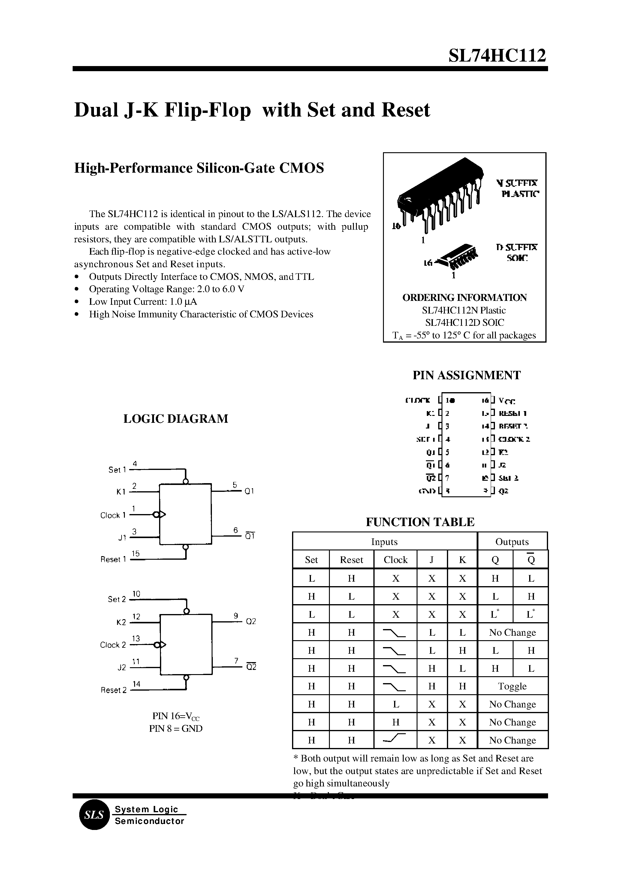 Datasheet SL74HC112N - Dual J-K Flip-Flop with Set and Reset page 1