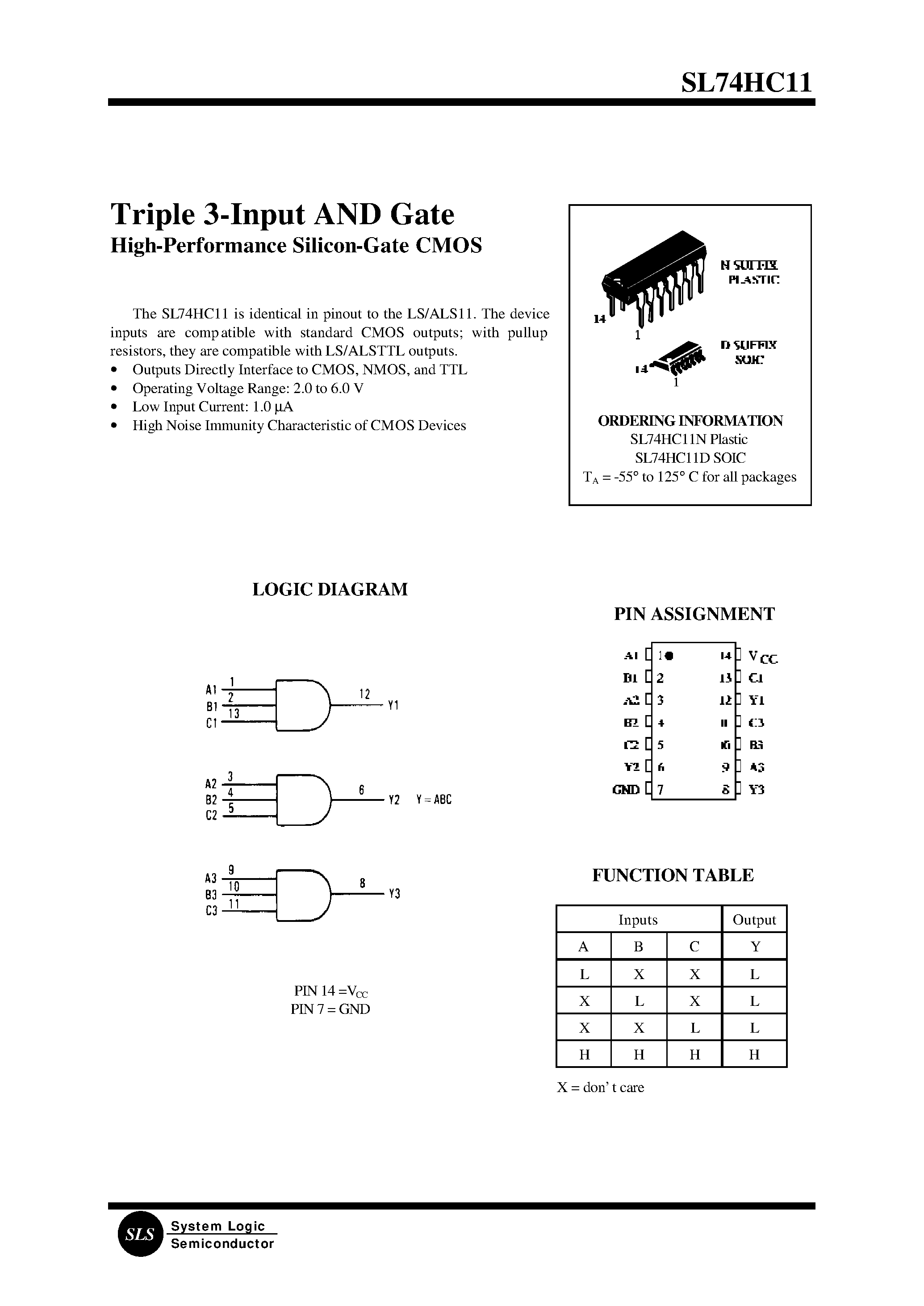 Datasheet SL74HC11D - Triple 3-Input AND Gate page 1
